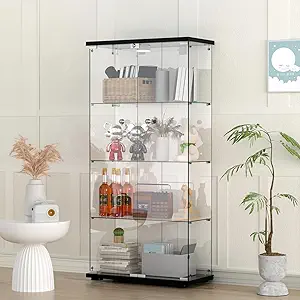 Glass Display Cabinet with LED Lights — 4-Shelf Lockable Tempered Glass Showcase, 65 x 32 x 14.3 Inches — Adjustable Multi-Color Lighting for Modern Home & Commercial Use, Black