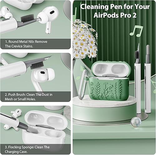 Miniatura 4 de AIRSPO Funda para Airpod Pro de 2 generación, funda protectora de silicona suave en relieve floral 3D con kit de limpieza para Apple Airpods Pro de