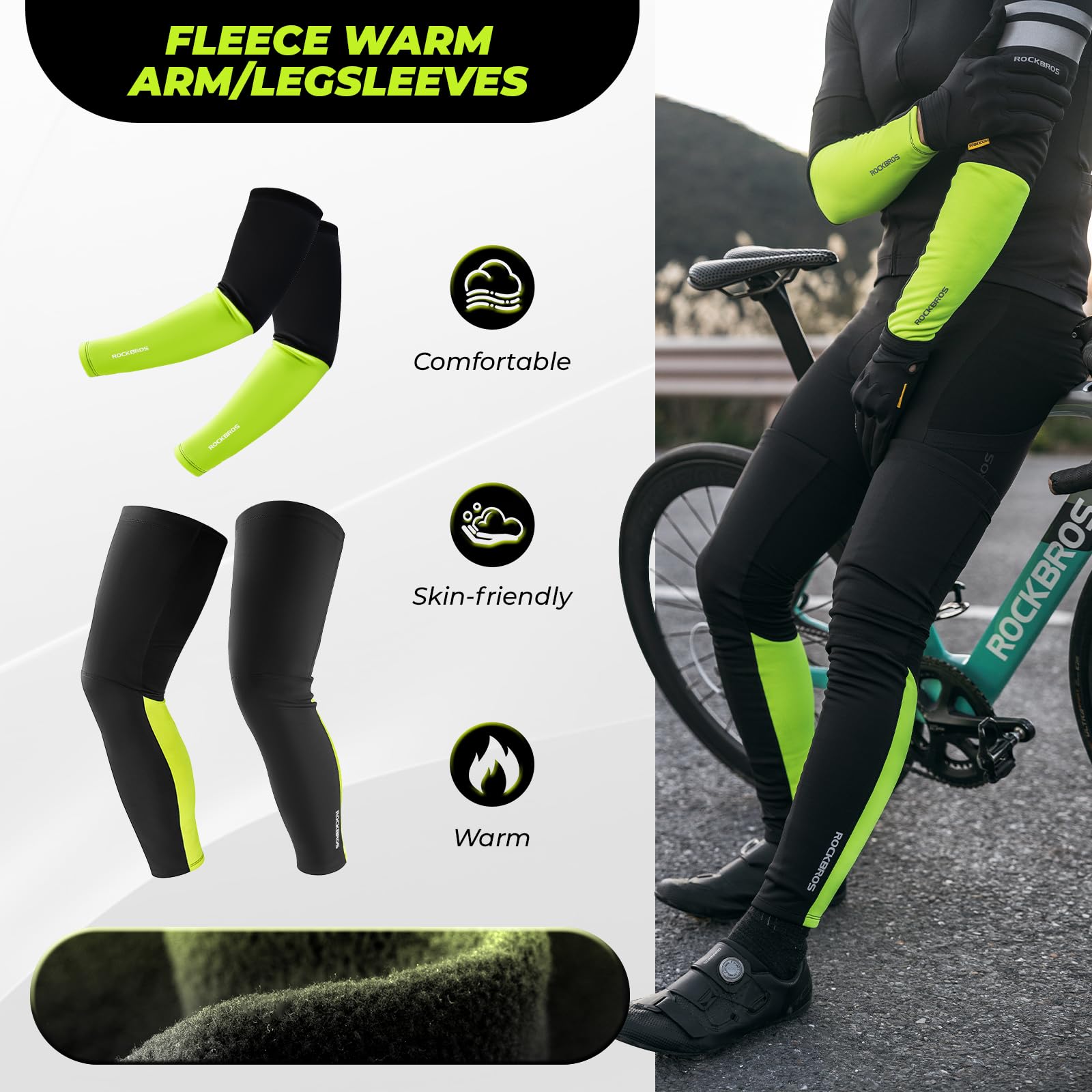 ROCKBROS Mangas del Brazo y Perneras Térmicas Invierno, Calentadores de Ciclismo Antideslizante a Prueba de Viento para Bicicleta Running Ejercicio Deportes, Unisex Adulto
