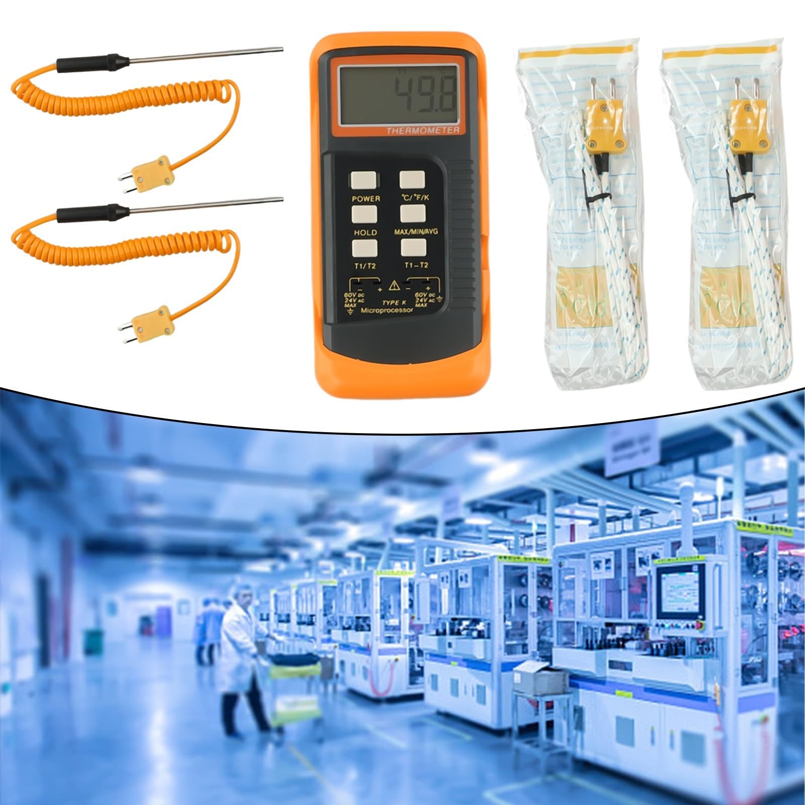 Termometro digitale a doppio canale K 6802 II con 4 sonde per misurazione della temperatura BGA HVAC da -50 °C a 1300 °C, doppio ingresso T1/T2, monitoraggio con display LCD e conservazione