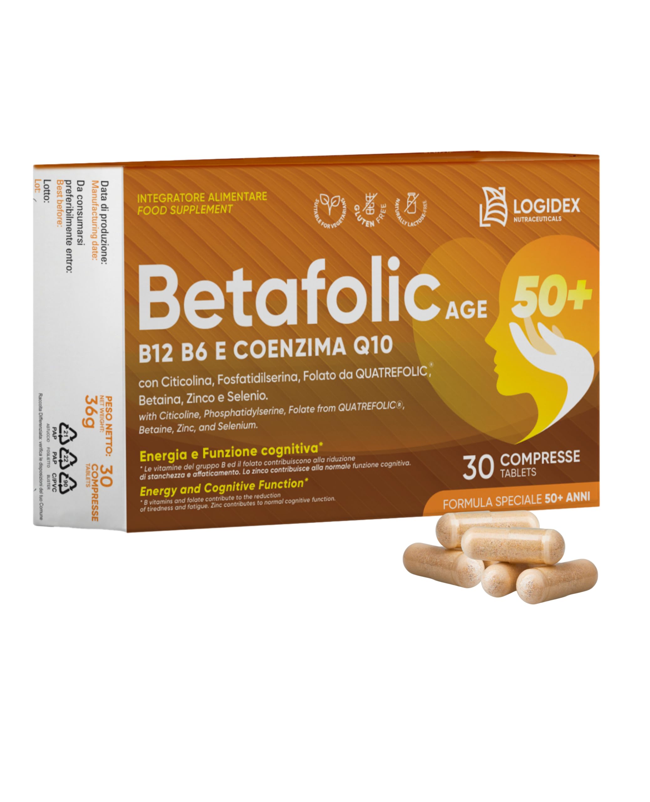 Betafolic Age - Integratore Vitamina B6 e B12, per Stanchezza, Memoria e Concentrazione, con B-Complex, Acido Folico, Citicolina e Q10 – 30 Compresse – Made in Italy Logidex