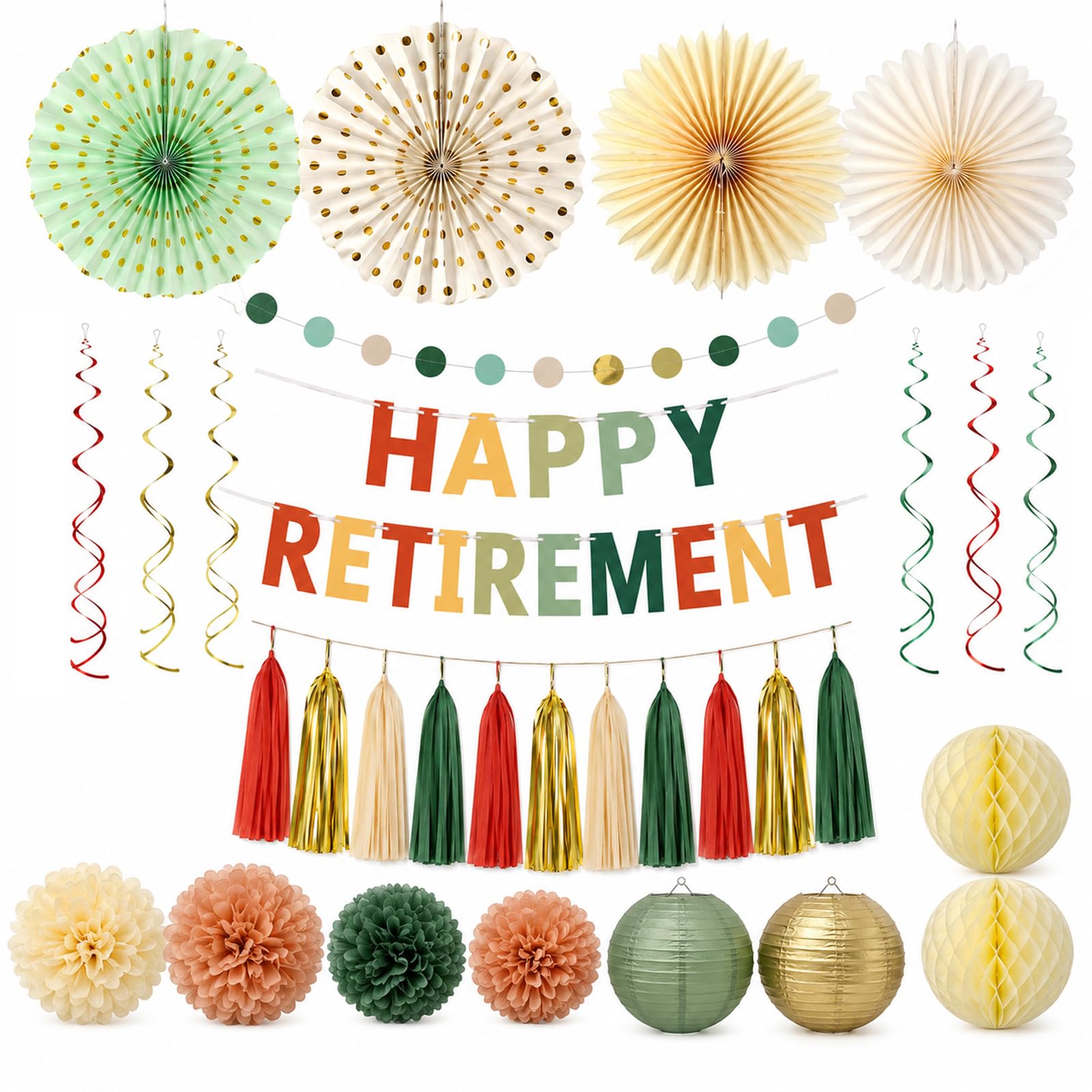 Happy Retirement Party Decorations 21Pcs Happy Retirement Banner Paper Tassels Streamers Banner Hanging Swirl, Paper Pom Pom Flowers Decoration for Women Men Retire Party Supplies Decoration