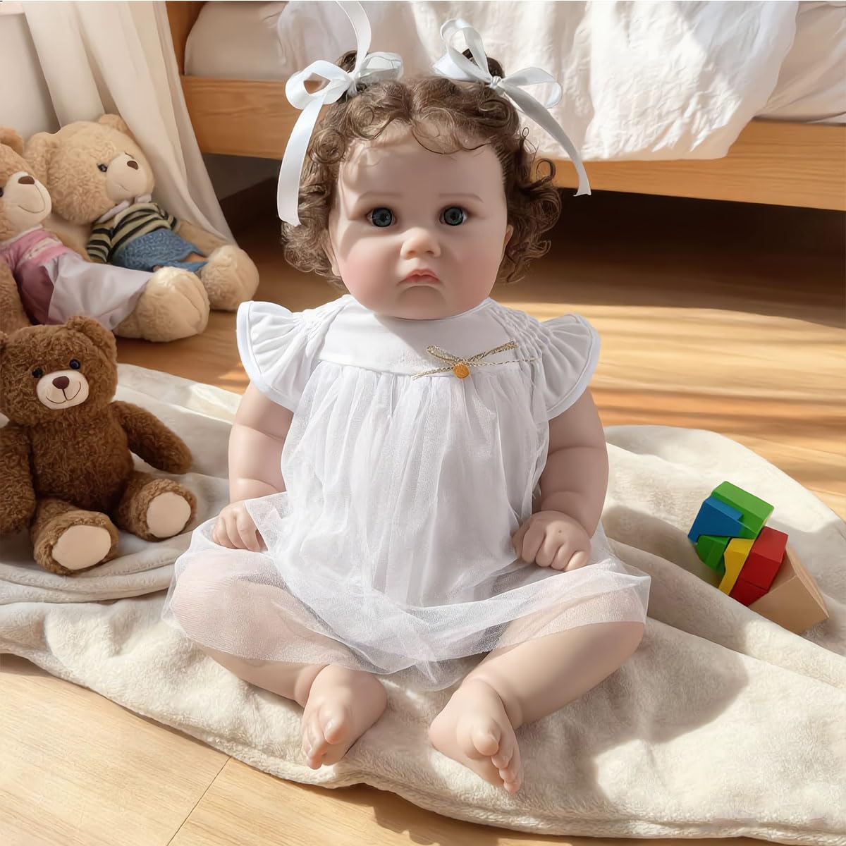 Muñeca de Reborn de 20 Pulgadas (50 cm) con Pelo Rizado, Fabricada a Mano en Vinilo con Cuerpo de algodón; Juguete Realista para niños a Partir de 3 años. El Mejor Set de Regalo de cumpleaños.