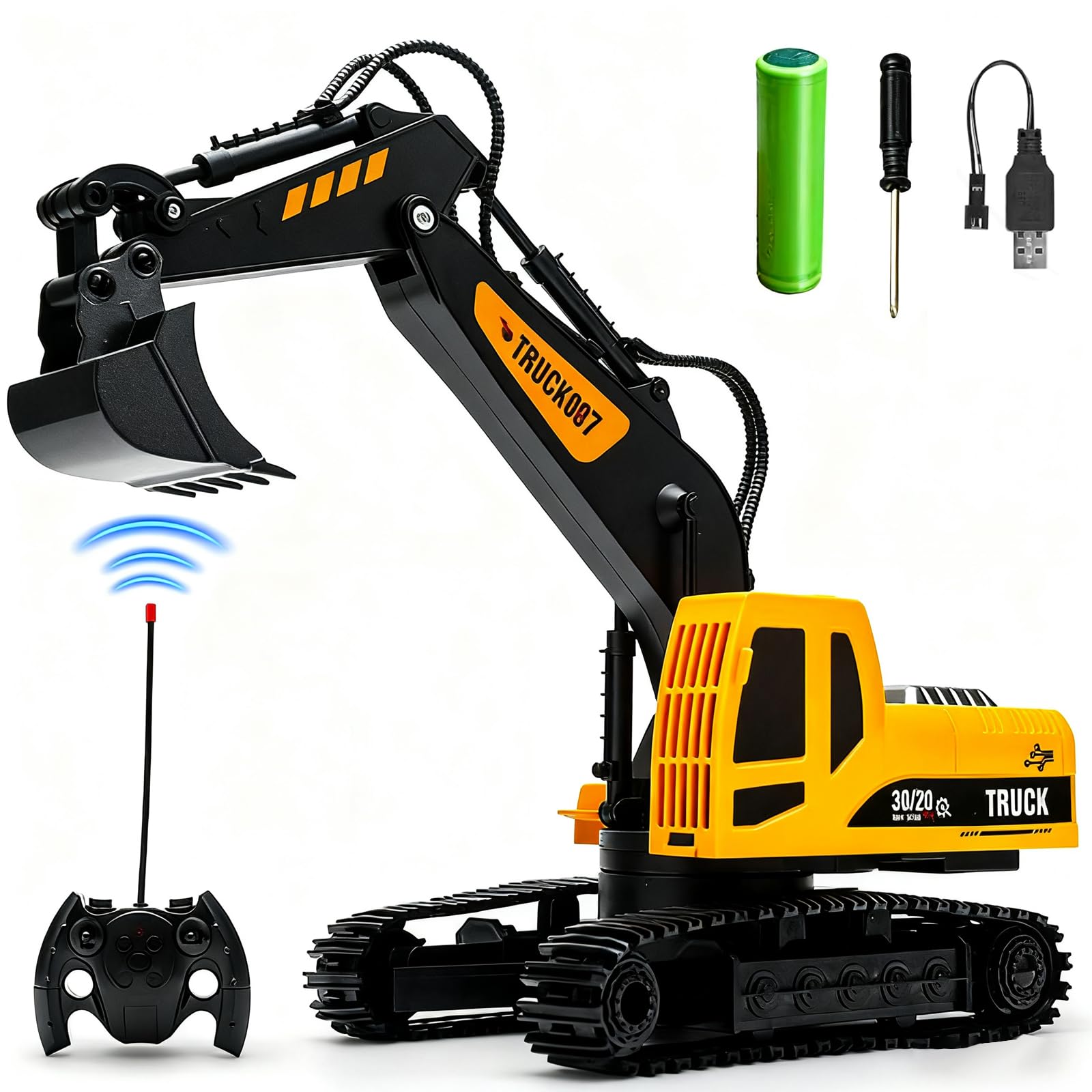 2,4 GHz Excavadora Teledirigido,1:24 Excavadora Juguete Teledirigido,Excavadora Control Remoto,Grua Teledirigi-da,Gruas de Juguete,con Luces y Música,Juguet Construcción Regalo Cumpleaños (C)