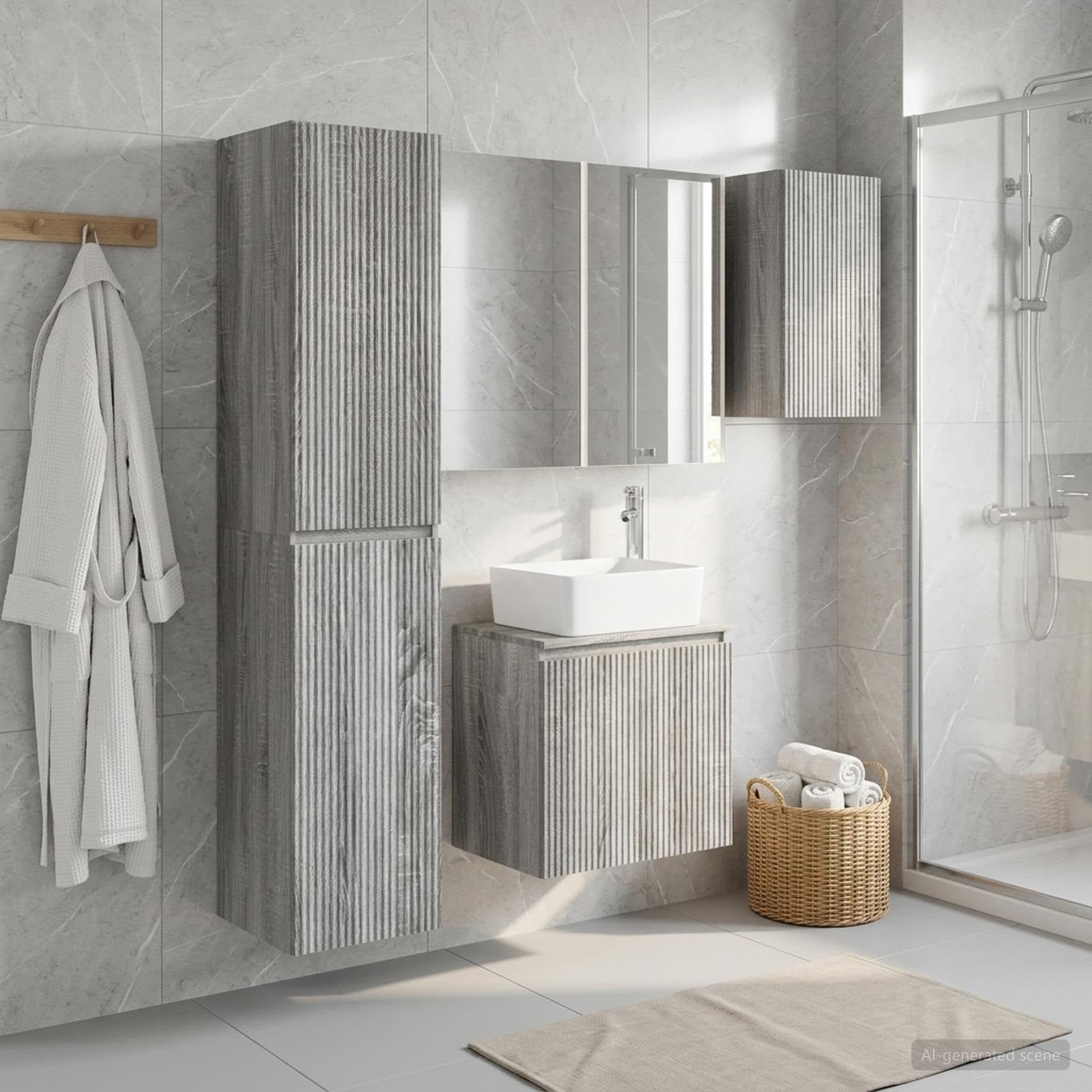 5-częściowy zestaw szafek łazienkowych Sonoma z lustrami LED, montaż ścienny, trwały, odporny na wilgoć, zajmuje mało miejsca, nowoczesny design, wszechstronne przechowywanie do łazienki i