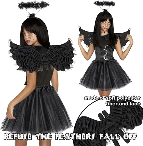Miniatura 5 de SelfTek 5 piezas de disfraz de ángel caído para niñas, alas de ángel oscuras negras y halo, falda tutú para niños de 3 a 12 años, vestido de cosplay
