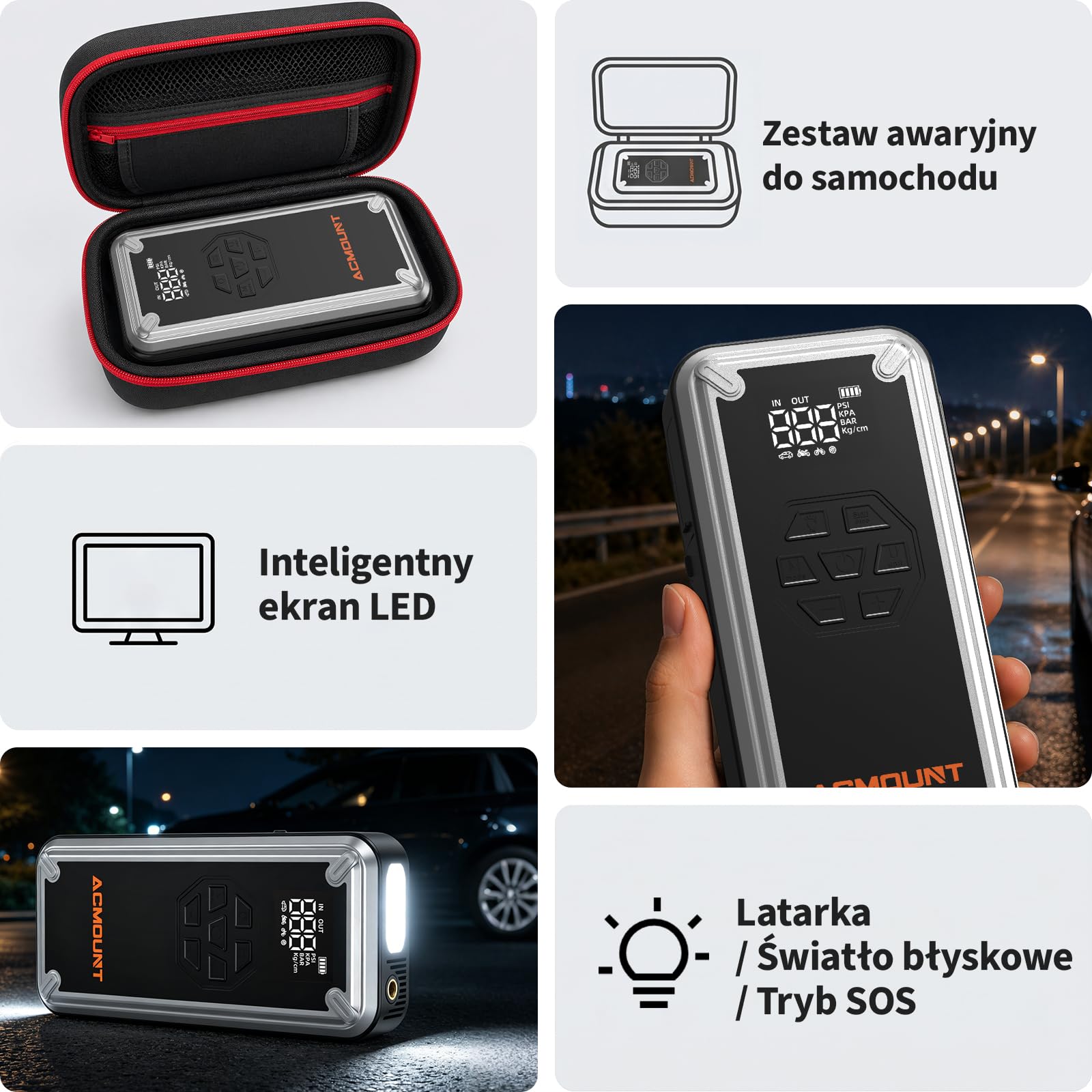 Rozrusznik Samochodowy 7000A, 21800mAh 150PSI Kompresor, Przenośny Wzmacniacz Baterii 12V Odpowiedni do Wszystkich Benzynowych i Silników Wysokoprężnych do 12.0L z Wyświetlaczem LCD i Latarką LED