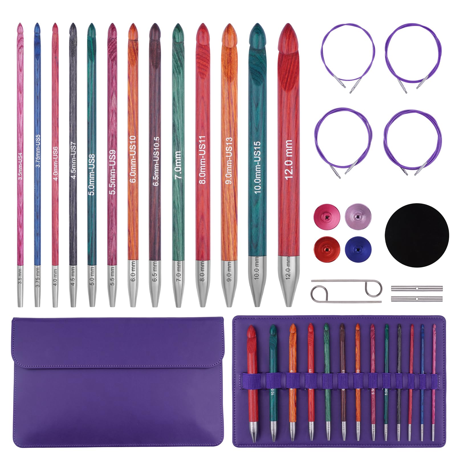 BsHooker Tunisian Crochet Hooks Set with Cable,Interchangeable Wooden Crochet Hooks with Case,13 Hooks 3.5mm-12mm Ergonomic 27PCS