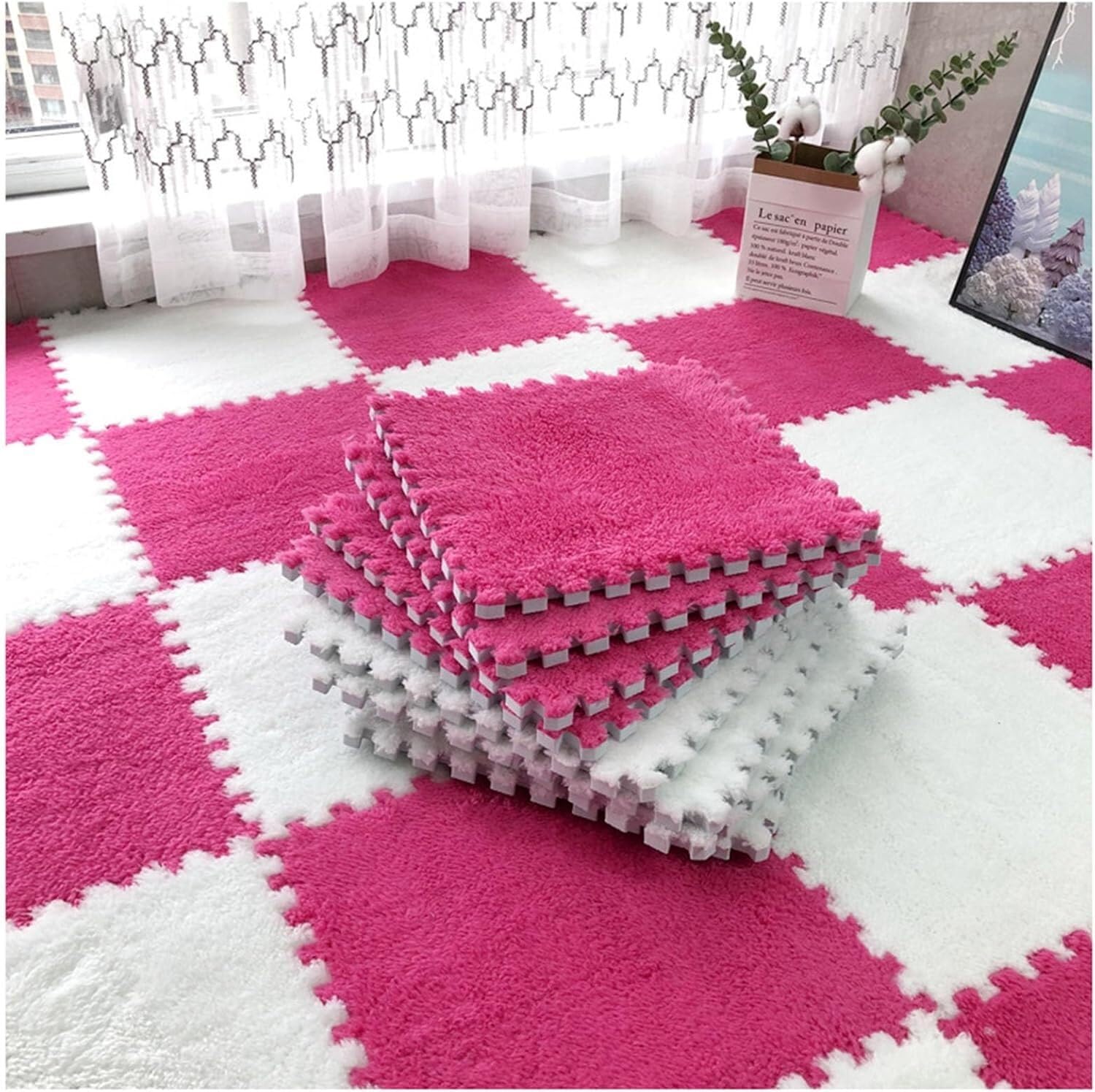 JvFbjLF 20Pcs Interlocking Foam Mats 30x30cm Plush Puzzle Carpet Rugs Play Mat(Rose Red+White)