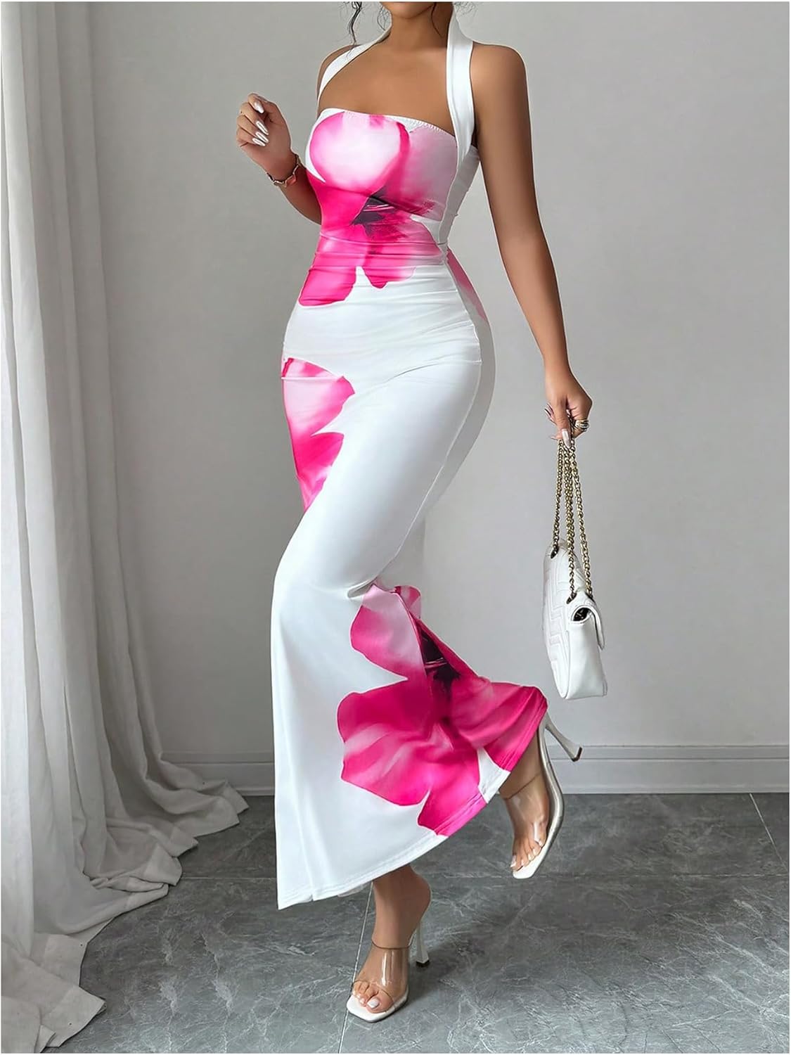 GORGLITTER Women's Floral Open Back Bodycon Maxi Dress Halter Neck Sleeveless Long Wedding Guest Cocktail Sundresses - Image 3