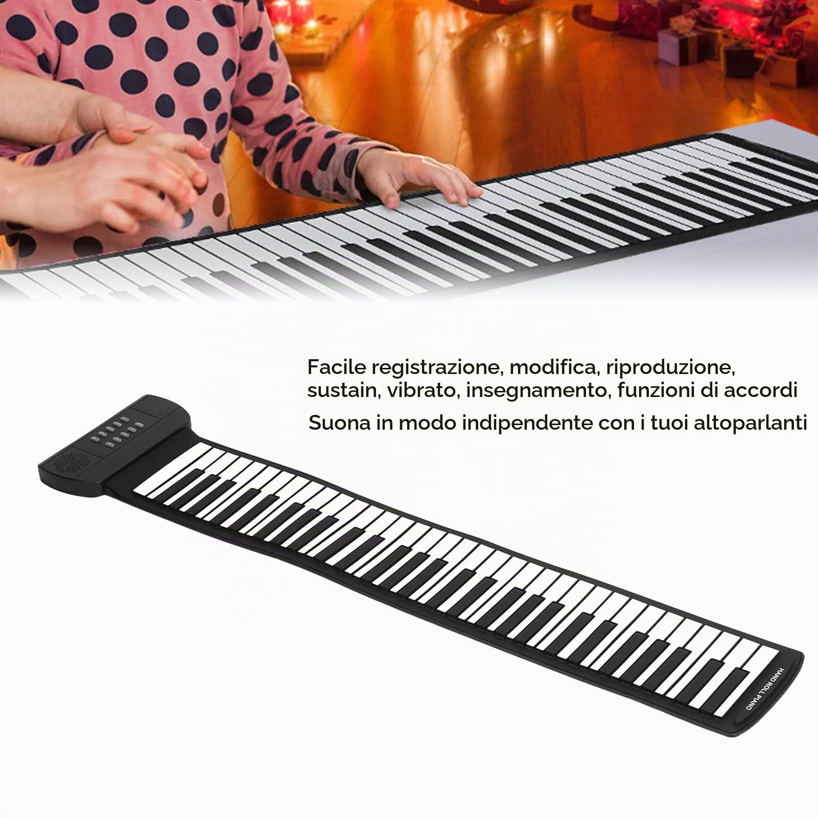 Pianoforte Digitale Portatile, Tastiera a 61 Tasti Pieghevole con 16 Toni e 6 Demo, Supporto MIDI e Uscita Cuffie, per Bambini e Principianti