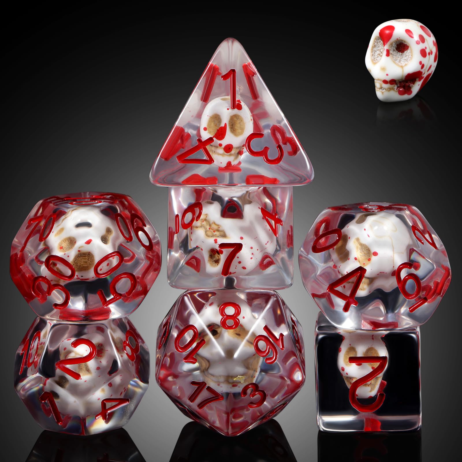 Blood Skull DND Dice, DNDND Skull Resin Dice Set with Velvet Pouch for Dungeons and Dragons DND Role Playing Games and Tabletop Games (Blood Skull with Red Num)