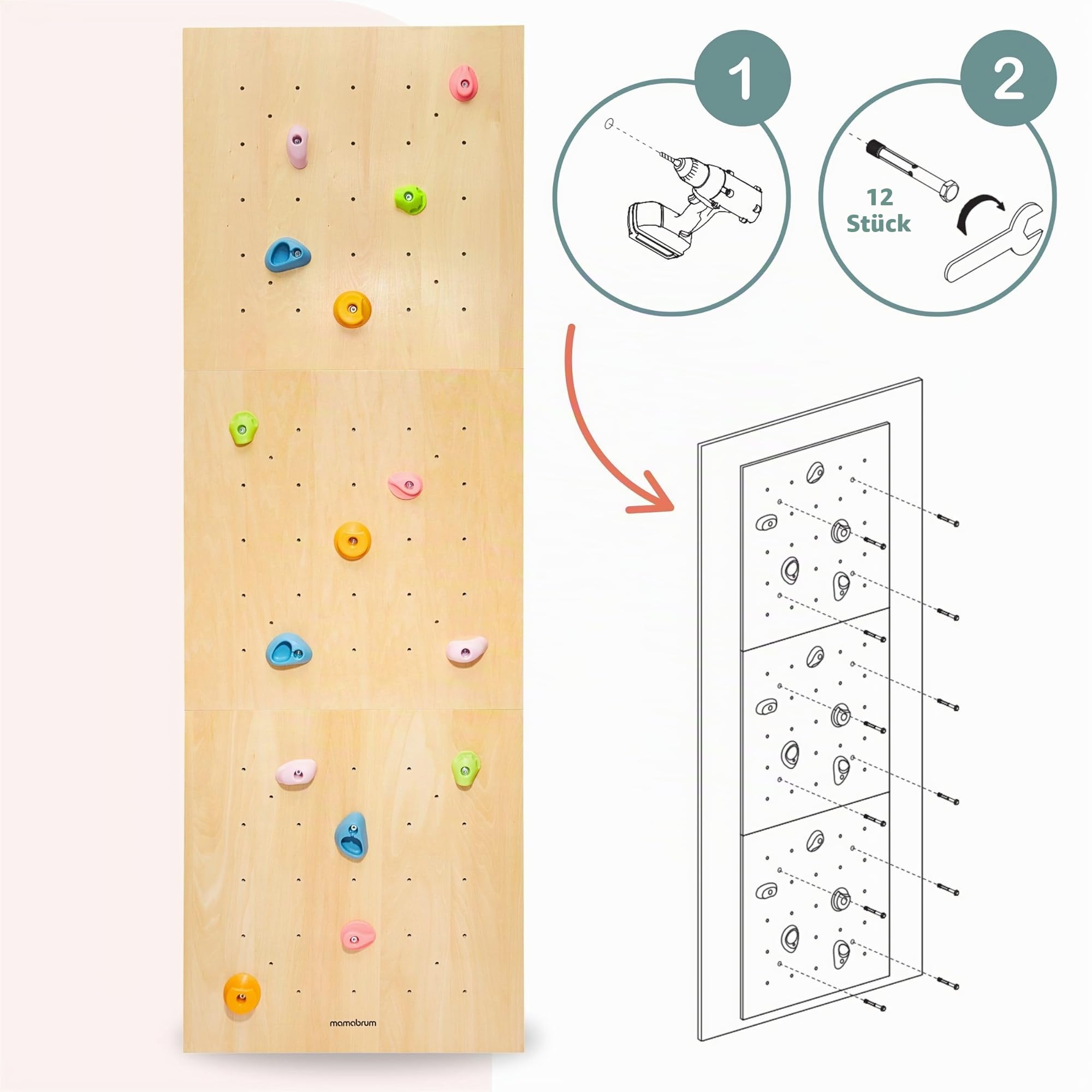 Mamabrum Holzkletterwand für Kinder mit 15 Griffen - 3 Montagepaneele mit Verstellbarkeit - Für Kinderzimmer - Max 100 kg - Ab 3 Jahre - Aktiver Homespaß