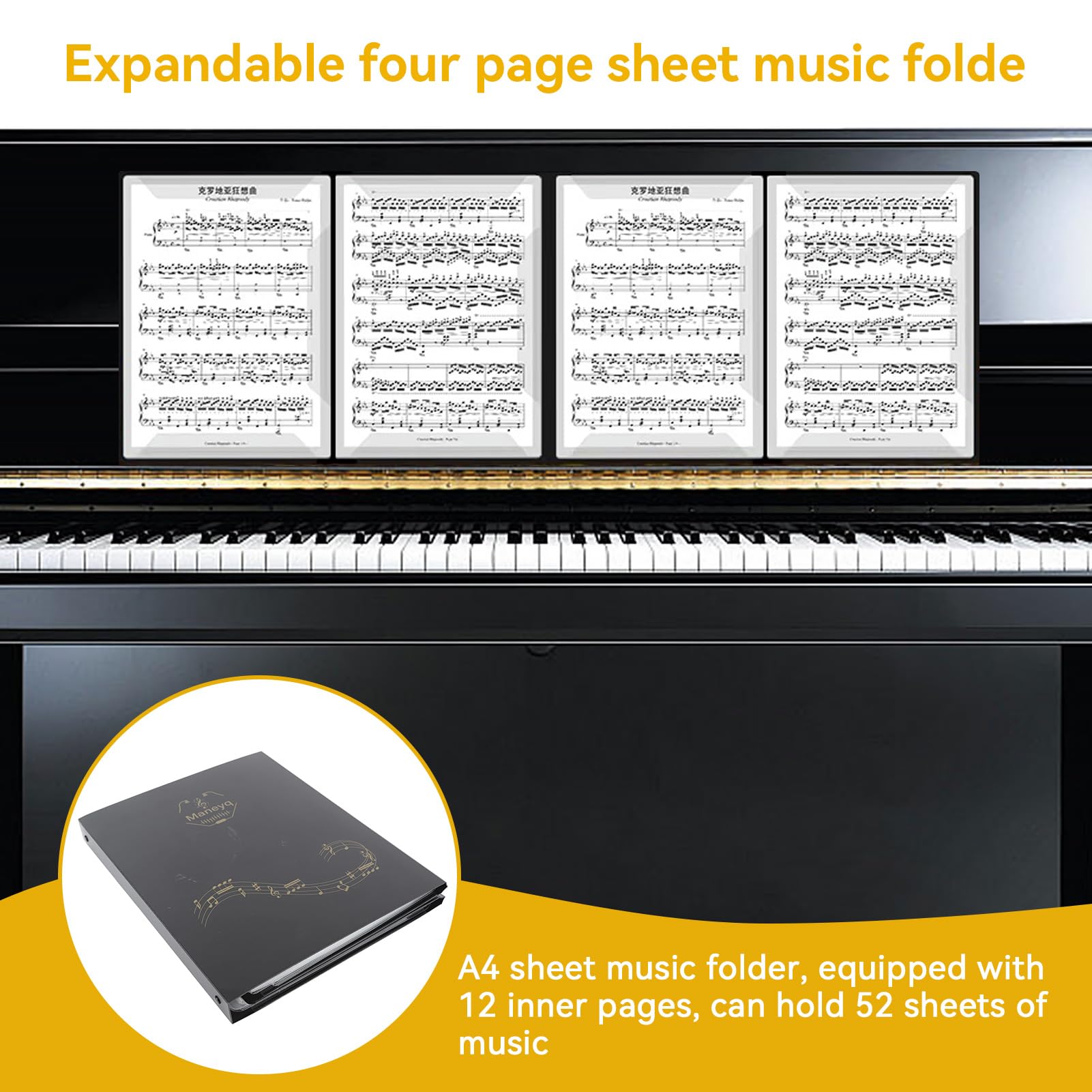 Notenordner, 52 Seiten Kapazität Wasserdicht PP A4 Format Abnehmbar Innenseite 4 Seiten Erweiterter Klaviernotenordner Präsentationsmappe Registermappen Music Sheet Chormappe Für Blaskapelle Klavier