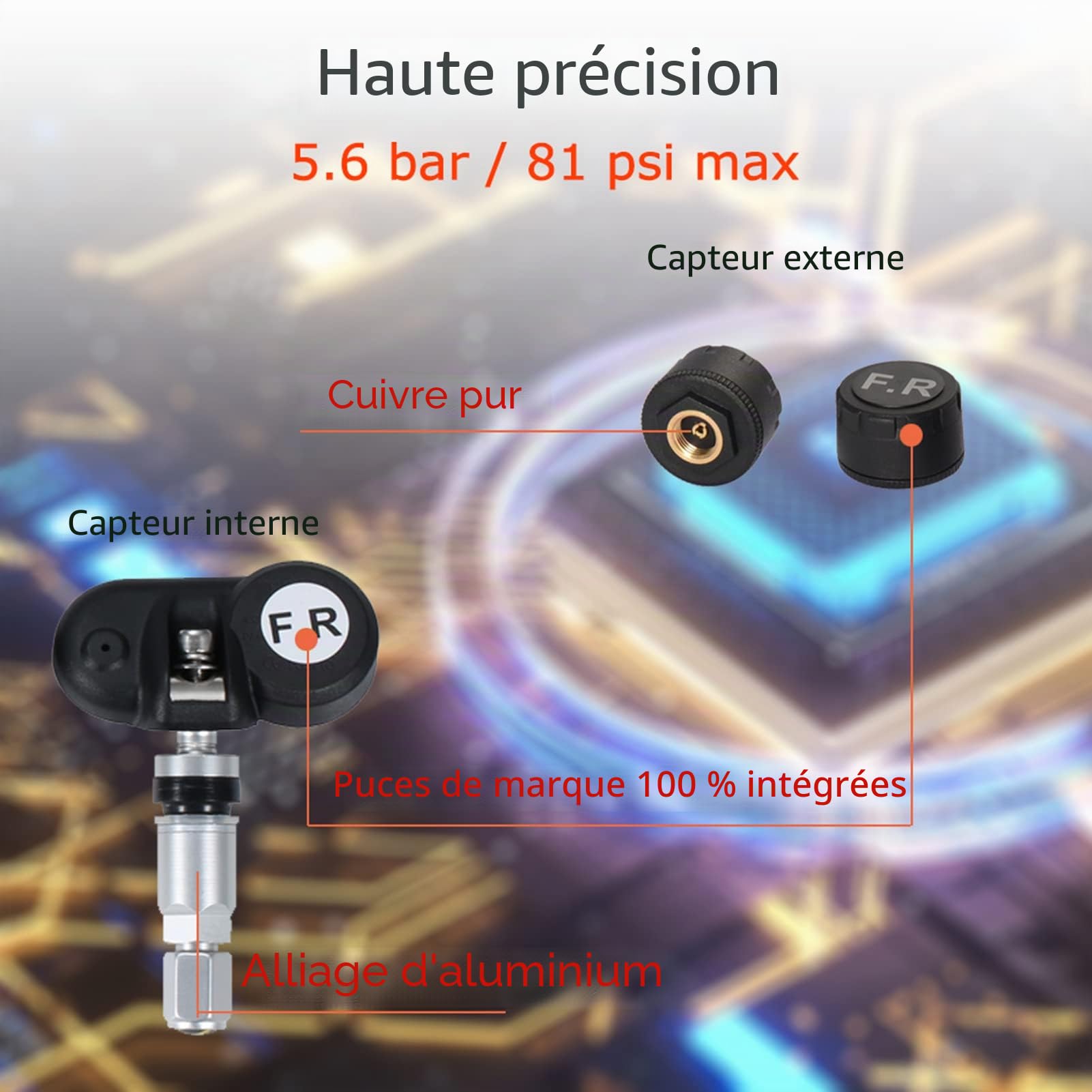 Shkalacar USB/Solar TPMS 0-81 PSI Système de Surveillance de la Pression des pneus avec 4 capteurs, 5 Modes d'alarme, écran LCD avec rétroéclairage Automatique pour Voiture berline SUV MPV