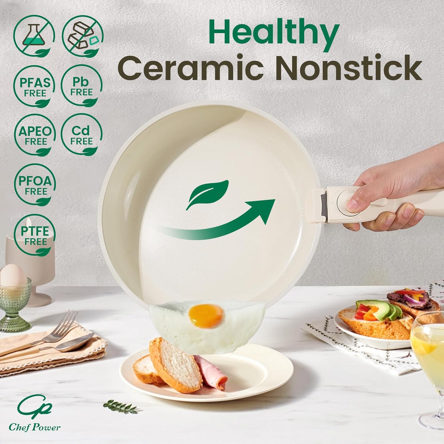 Chef Power Ceramic Nonstick Cookware Set 5 Piece with Detachable Handle, Induction Dishwasher Oven Safe Pans and Pots Set, RV Kicthen Set Removable Handle, Cream White