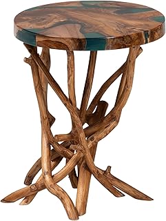 Bali & pari Amada Teak Wood Epoxy Resin End Table - Round Live Edge Side Table with Branch Legs, Handcrafted Modern Rustic Accent Table