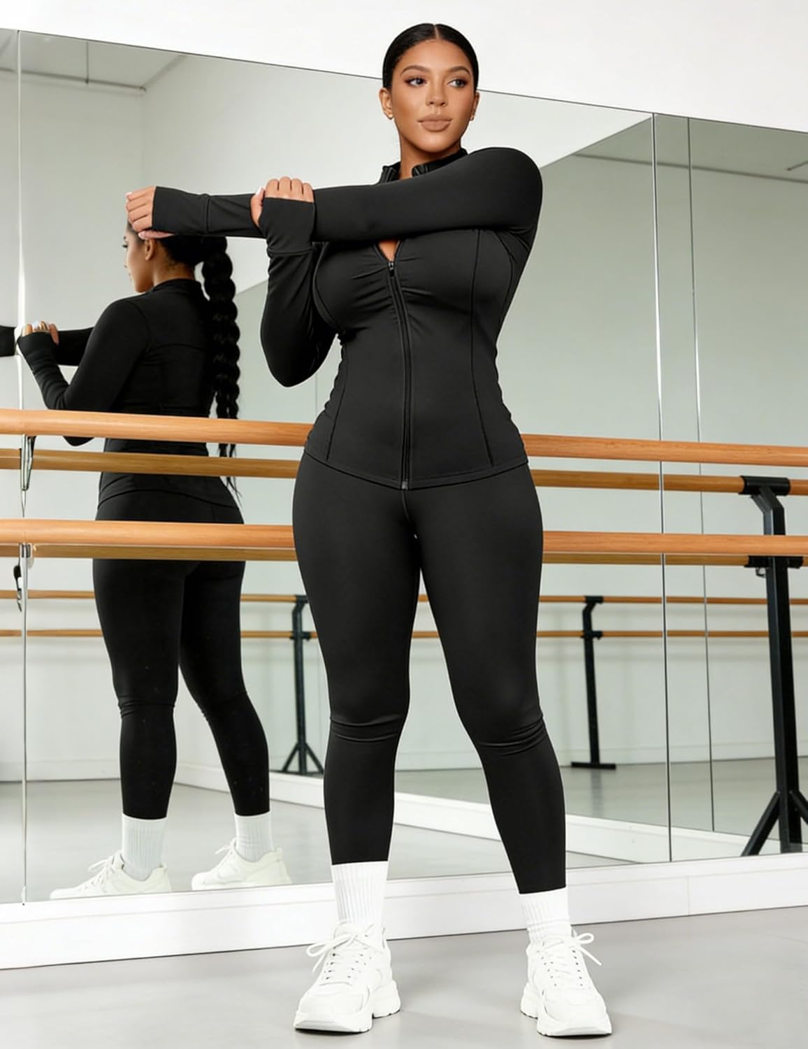 UOUA Womens Workout Set Two Piece Outfits Bodycon Long Sleeve Zipper Jacket & Leggings for Gym Tracksuit - Image 3