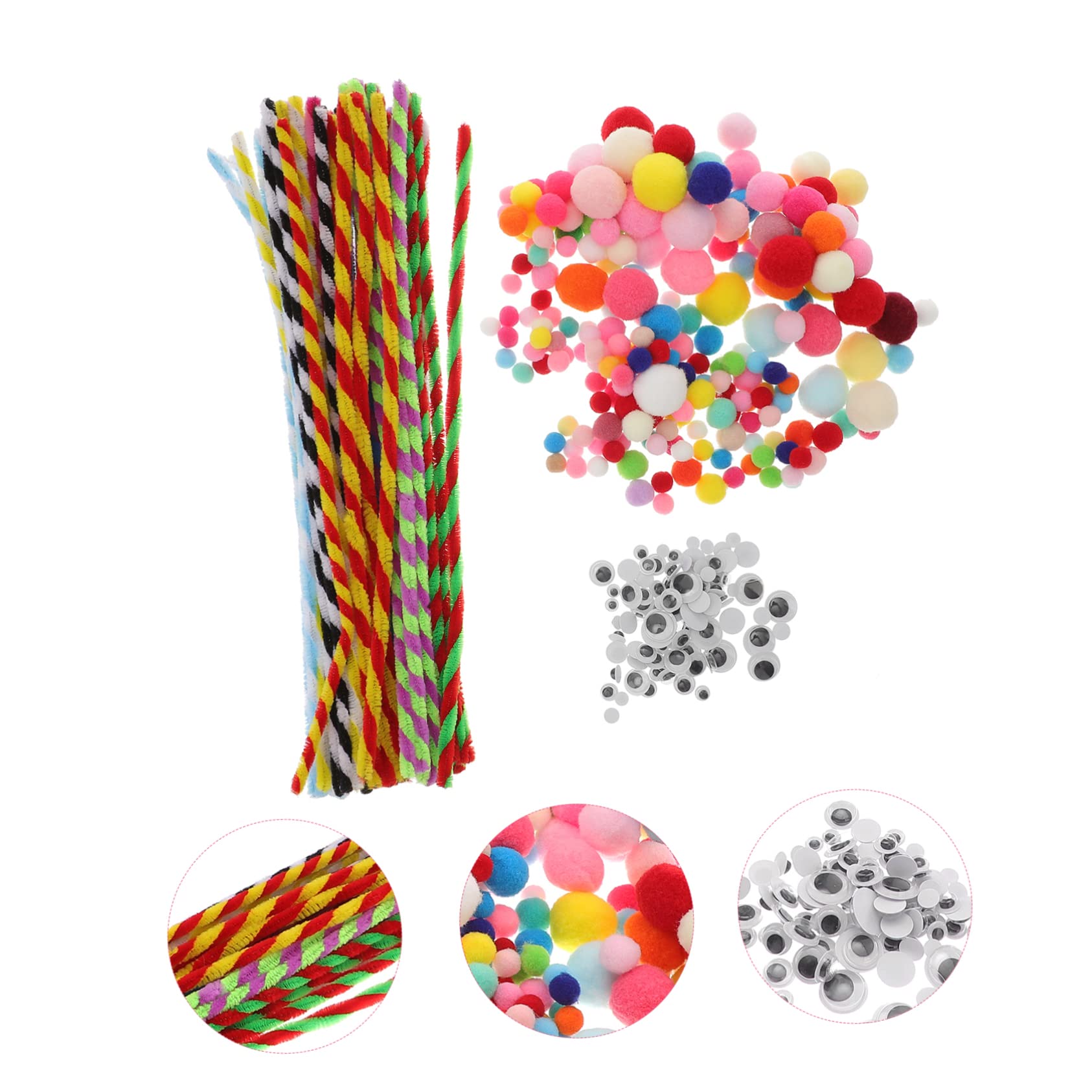 Toyvian 200pcs Plush Balls 100pcs Wiggle Eyes Set Chenille Stems Kit for Boys and Girls Crafts Supplies