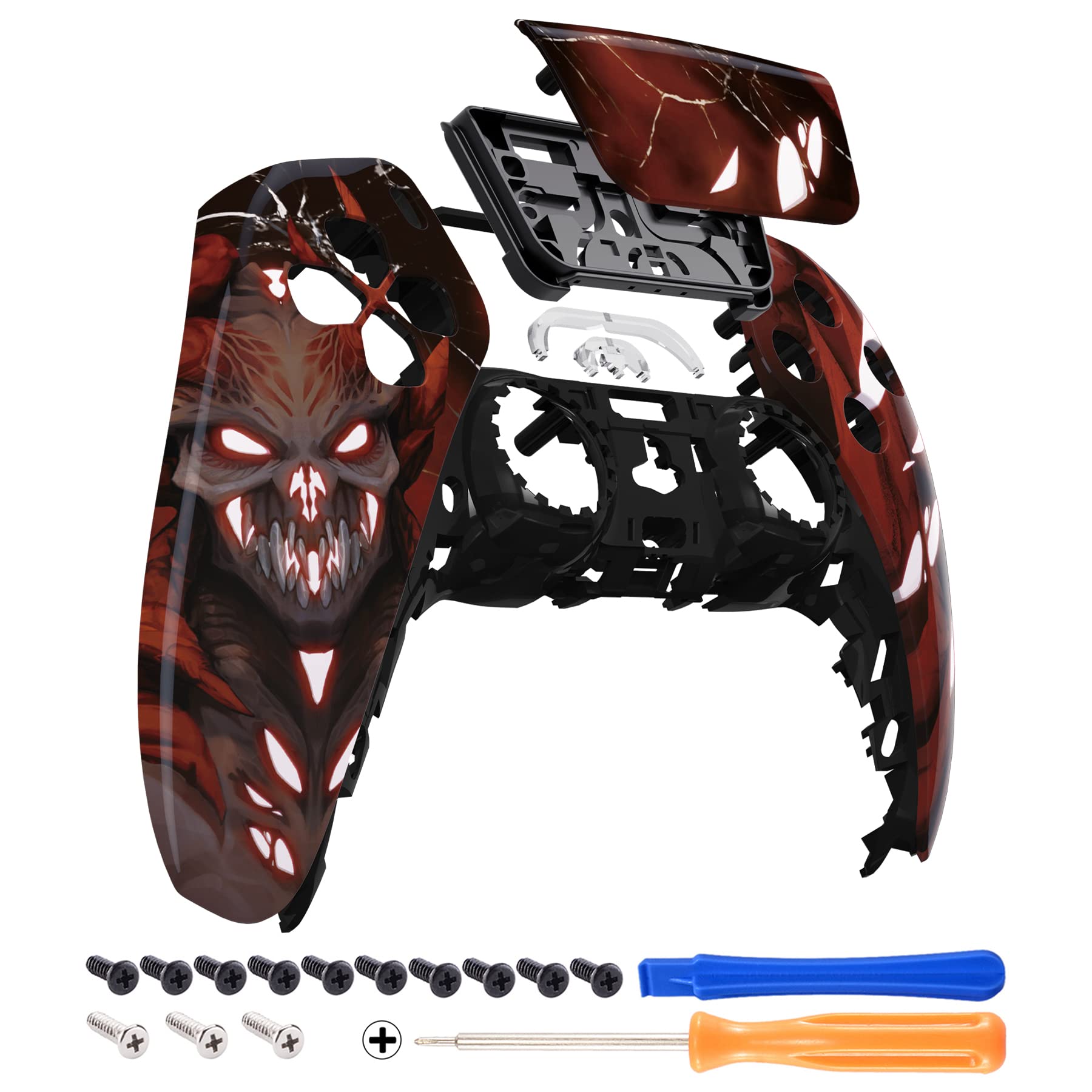 eXtremeRate Leuchtet im Dunkeln: Scarlet Demon Touchpad, Frontgehäuse, kompatibel mit PS5-Controller BDM-010, BDM-020, BDM-030, 040, DIY-Ersatzgehäuse und Touch-Pad-Abdeckung, kompatibel mit
