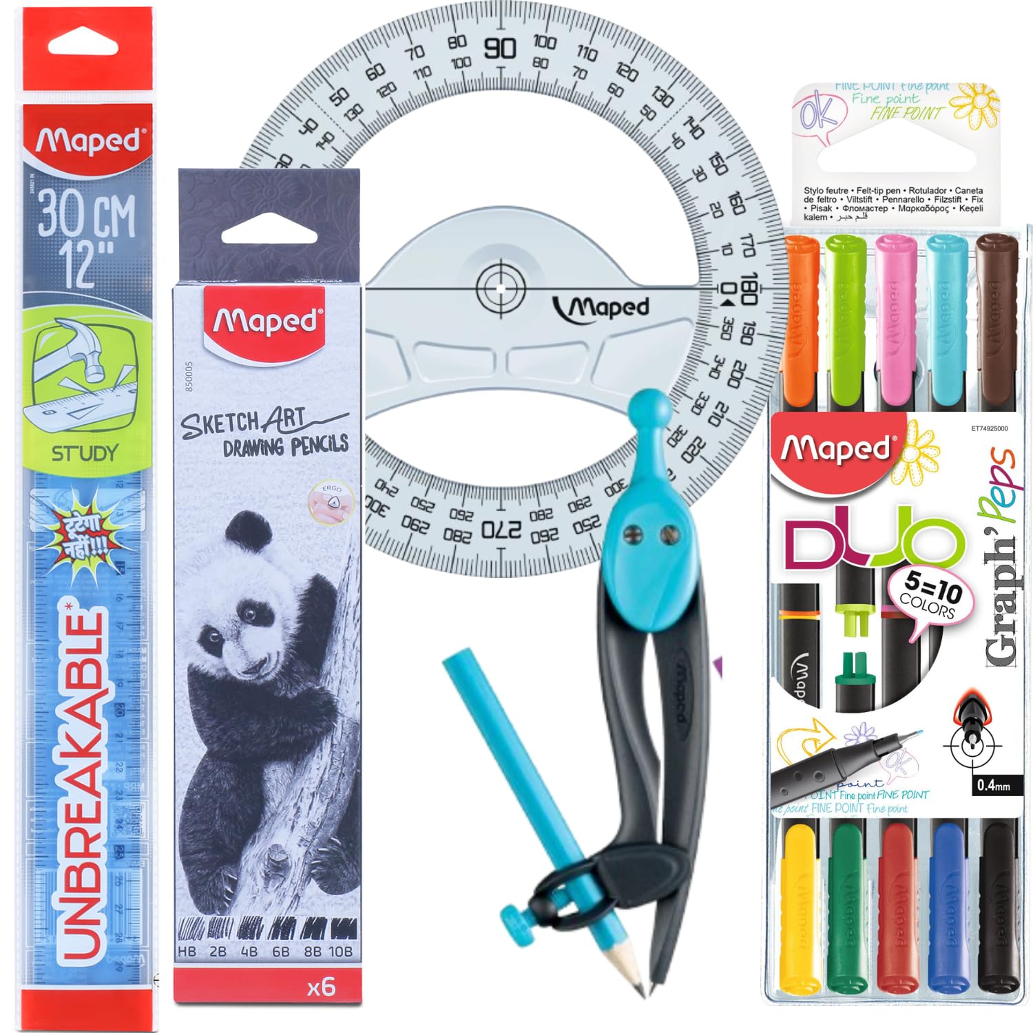 Maped Mandala Essentials Tools- Pack of 5| SketchArt Pencils Set of 6 with Universal Compass,360 Protractor,30cm Unbreakable ruler|10shades Fineliners|Drawing set for Artist|Art Kit for Adults & Kids-image-41