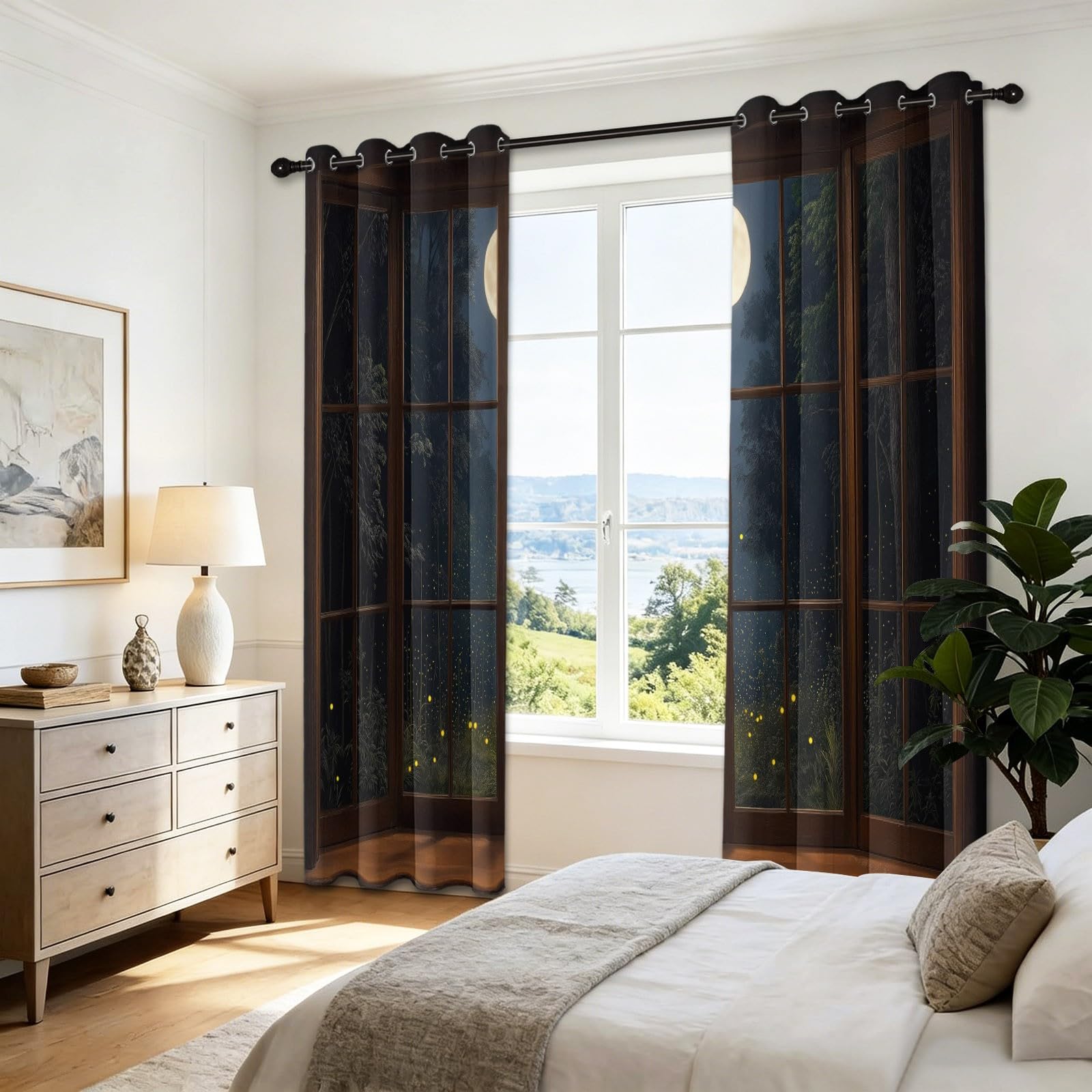 Generisch Natur Bedruckt Vorhänge H200 x B70 cm aus 2 Paneelen, Mond Wald Glasfenster Schalldicht Vorhang mit Ösen für Wohnzimmer Schlafzimmer, Braun Verdunkelung Wärmeisoliert Gardine