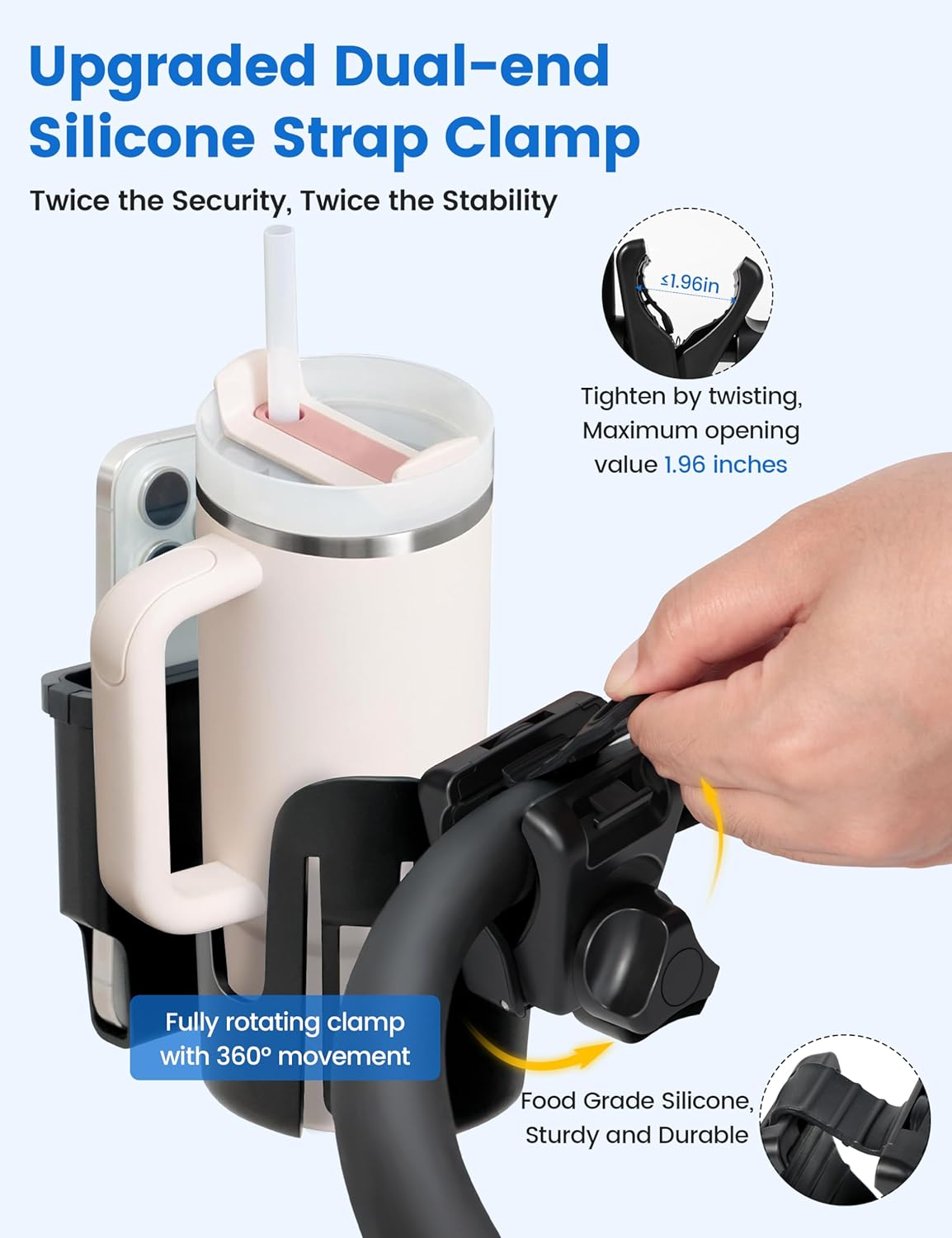 Wheelchair Cup Holder with Phone Holder, 2-in-1 Walker Cup Holder, 360° Rotatable Clamp with Silicone Shock Protection, Accessories for Rollator Walker with Seat, Wheelchair, Walker, Camper, Golf Cart - Image 2