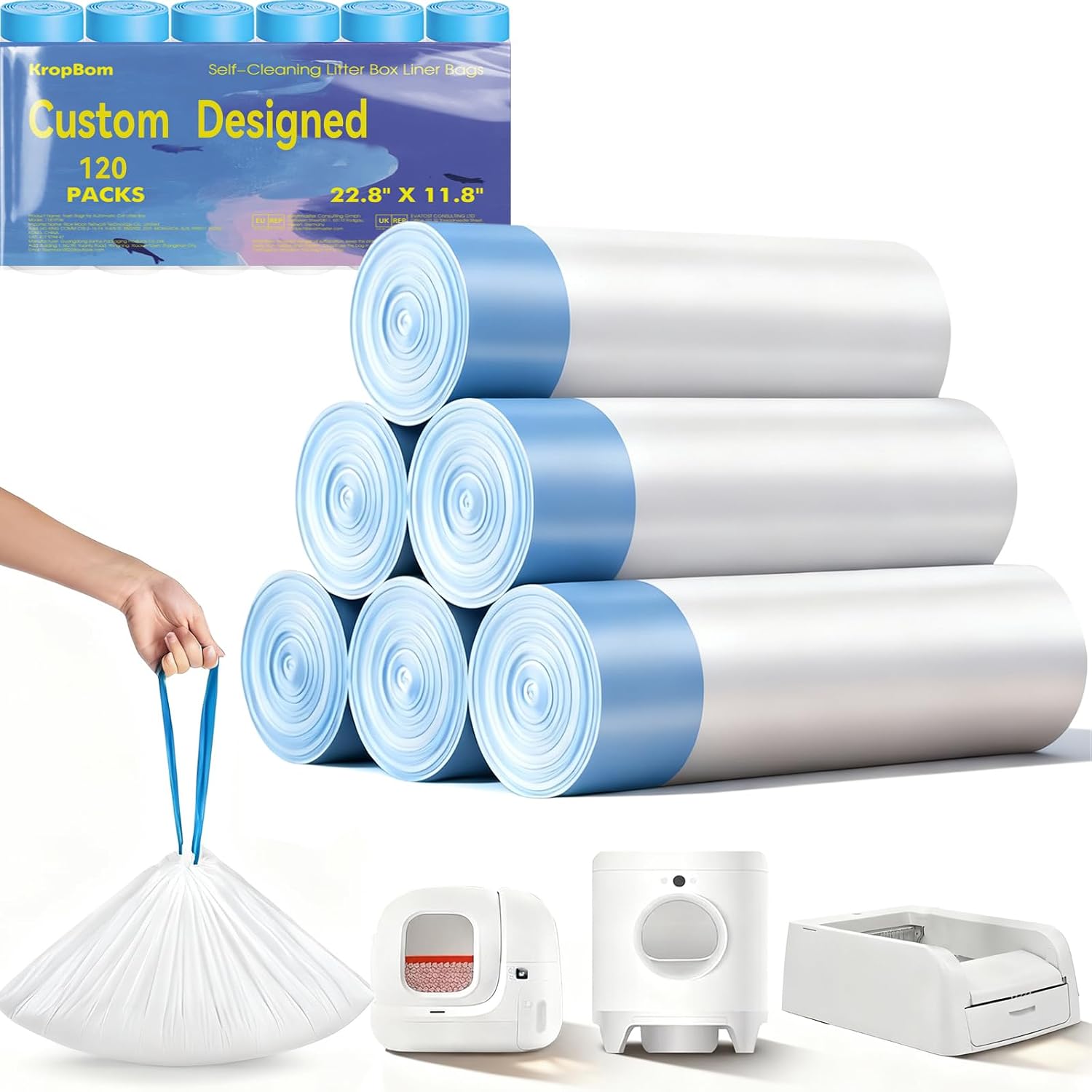 120 Pcs Automatic Cat Litter Bags fits PURA MAX 2/MAX/X&ScoopFree Clumping | Tear-free & Leak-Proof Self-cleaning Cat Litter Box Waste Bags with Durable Drawstring 22.8" x 11.8"