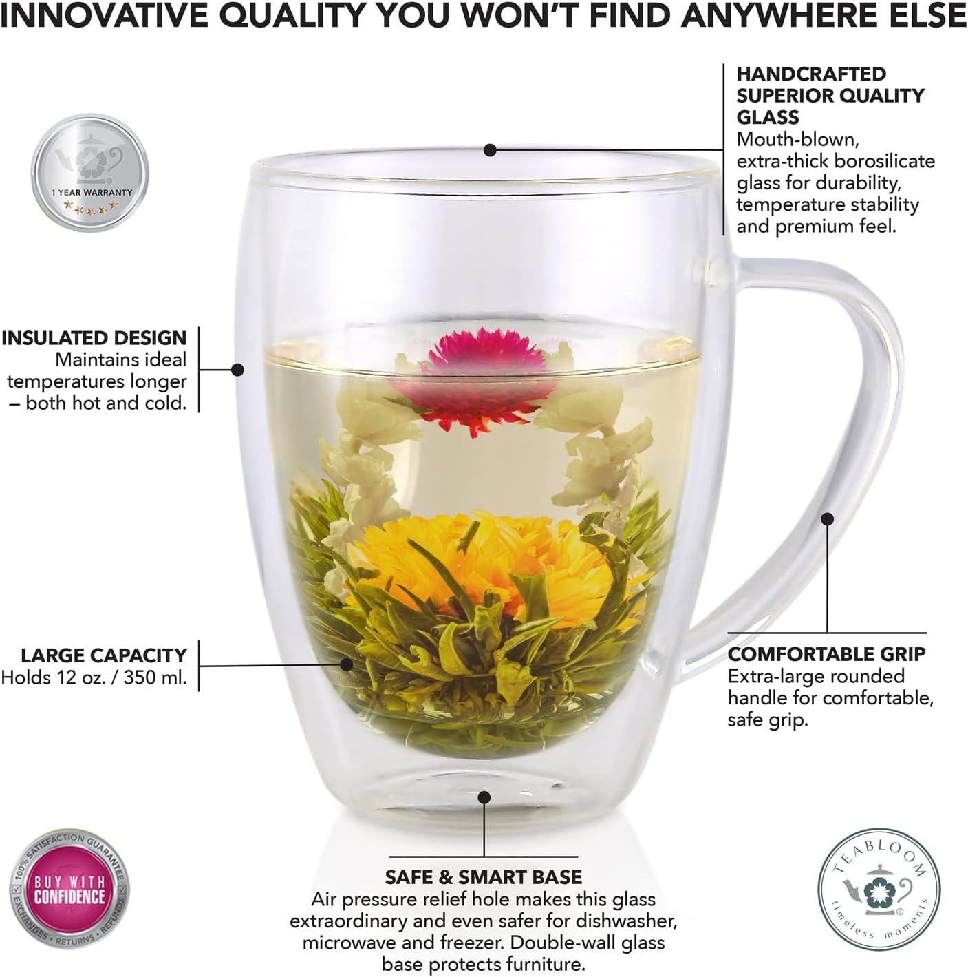 Teabloom Double Walled Mugs - 12 oz / 350 ml – Set of 4 Insulated Glass Mugs for Tea, Coffee, and More – Clear Bliss Collection