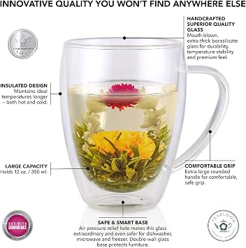 Teabloom Double Walled Glasses - Set of 2 Insulated Glass Mugs for Tea, Coffee, and More (12 Ounces) Clear Bliss Collection