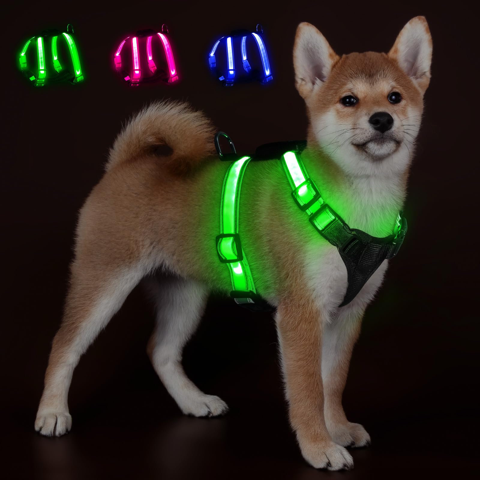 KOSKILL LED Dog Harness with Battery Indicator, Type-C Rechargeable, RGB Light Up Harness (Blue Green Pink), 3 Modes, Adjustable Reflective Puppy Vest for Small Dogs Cats, Night Walking Safety