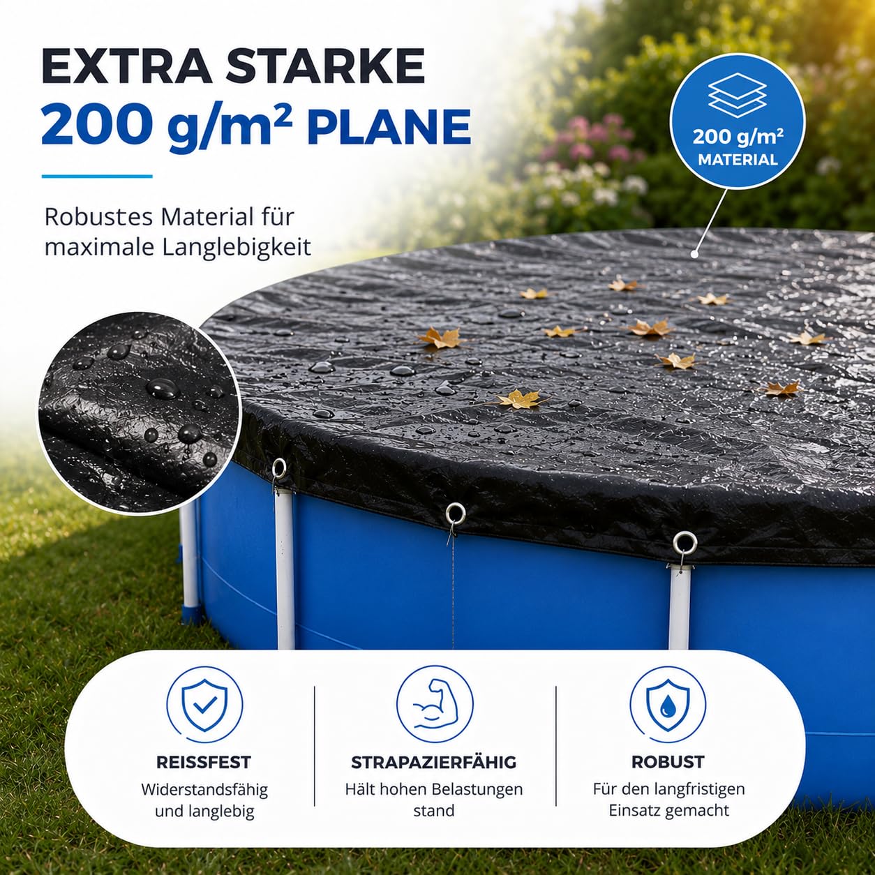 Telo di copertura per piscina rotondo, extra spesso, 200 g/m², resistente ai raggi UV, per l'estate e l'inverno, colore nero, 460 – 500 cm (diametro 560 cm)