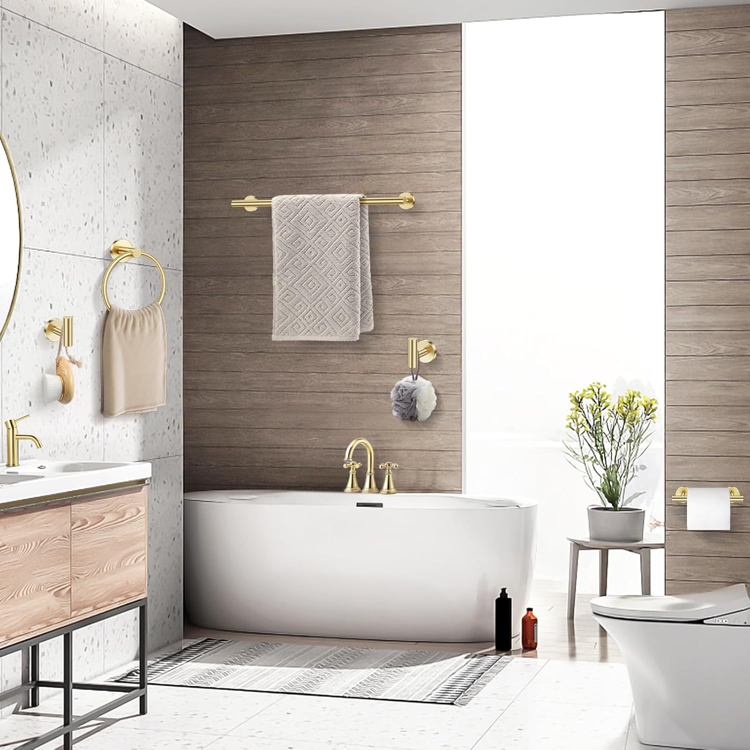 TQKAG Brushed Gold 5 Piece Bathroom Hardware Accessories Set 23.6" SUS304 Stainless Steel Bathroom Towel Bar Holder Sets Double Post Pivoting Toilet Paper Holder Set Wall Mounted - Image 7