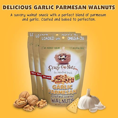 Miniatura 3 de Crazy Go Nuts Nueces  Ajo Parmesano, 4.5 oz (paquete de 3)  Snacks saludables, Keto, bajo en carbohidratos, sin gluten, superalimento  Natural, ALA,
