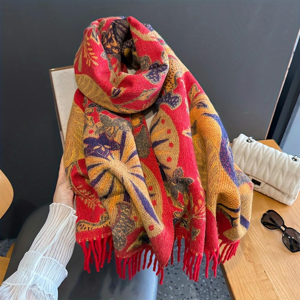 SYJYM Boho-Chic Oiseau Feuille Jacquard Écharpe Vintage Gland Châle Confortable Chaud Coupe-Vent Cape Femmes Parfait Hiver Folk Style Vintage