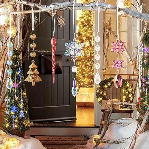 Vista 7 de Lanpn 26 adornos de Navidad, decoración de árbol de Navidad de cristal, colgantes iridiscentes de acrílico transparente, copos de nieve, colgantes
