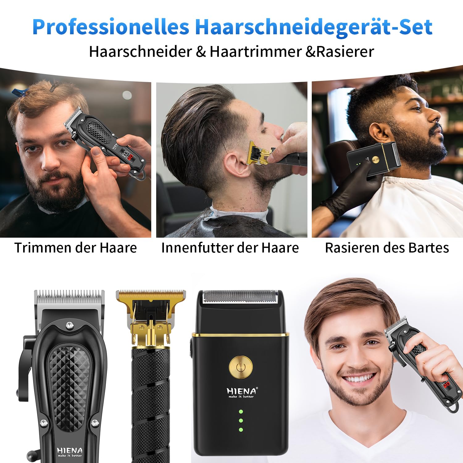 HIENA PRO Profi Haarschneidemaschine Set für Männer, Schnurloses Haarschneider, Barttrimmer, Folienrasierer Set, USB Wiederaufladbares Komplettes Elektrischer Haarschneide-Kit mit 8 Führungskamm