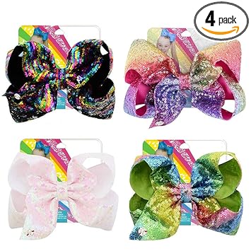 4Pcs/8 inch Glitter Sequin Bows for Girls Gift, Kalolary Large Hair Bows Alligator Clips Grosgrain Ribbon Hair Barrettes Accessories for Toddler Teens Girls Halloween Christmas Holiday Present