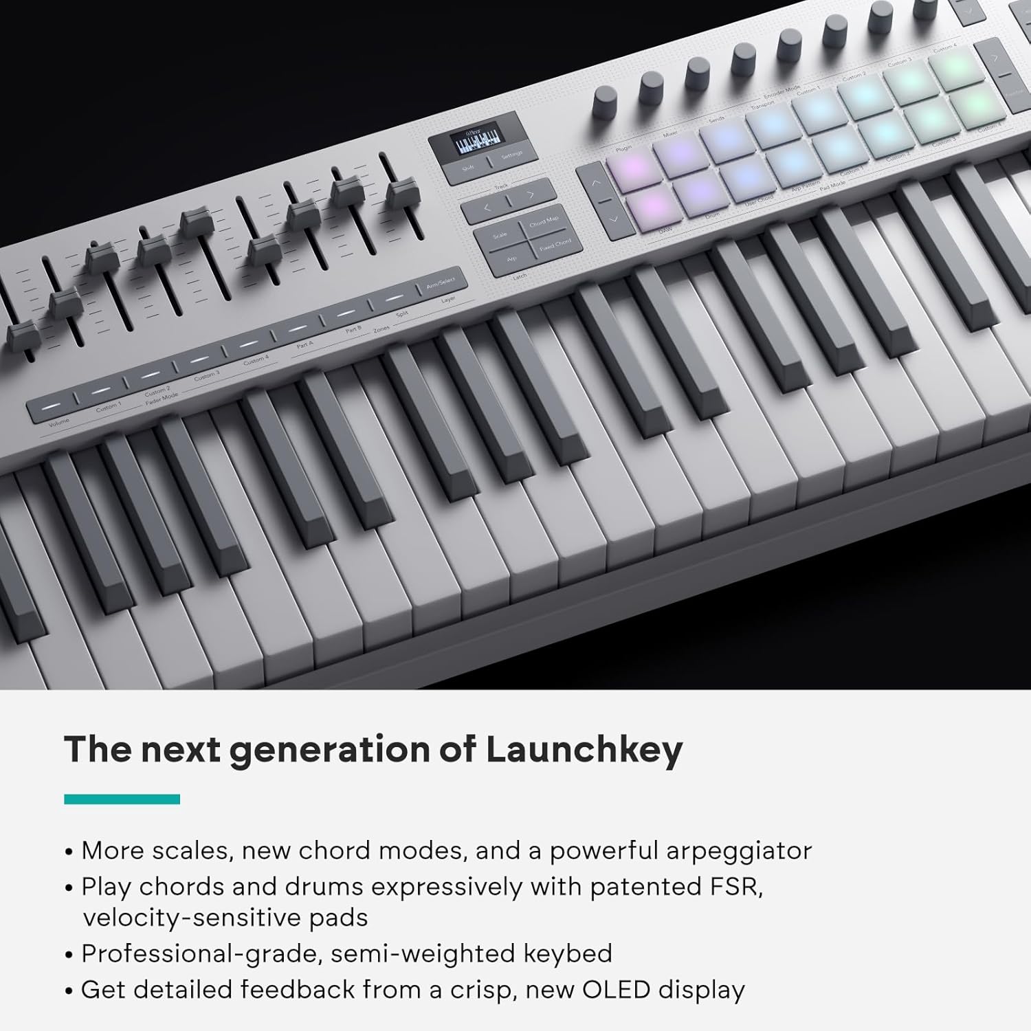 Close-up of Launchkey 49 pads and knobs