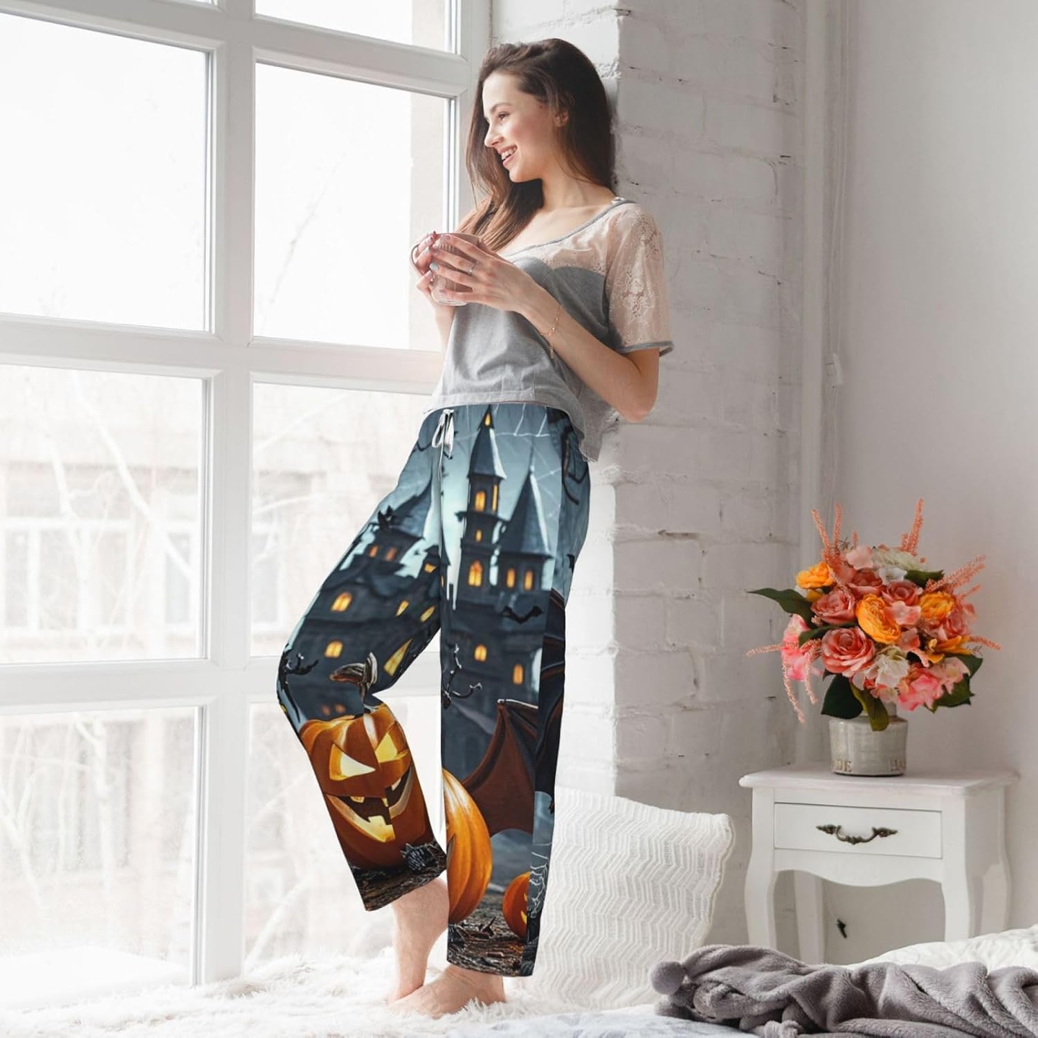 Mens Pajama Pants Soft Pajama Bottom Halloween Pumpkin Devil Sleep Pant Lounge Pants with Pockets PJ Bottoms
