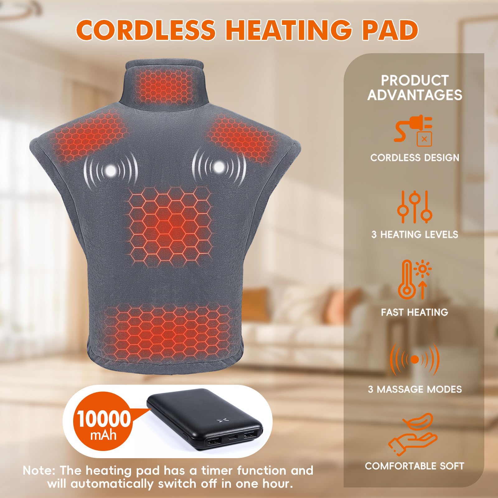 Coussin Chauffant avec Batterie 10000mAh 3 Niveaux Réglage Température 3 Modes de Massage Arrêt Automatique