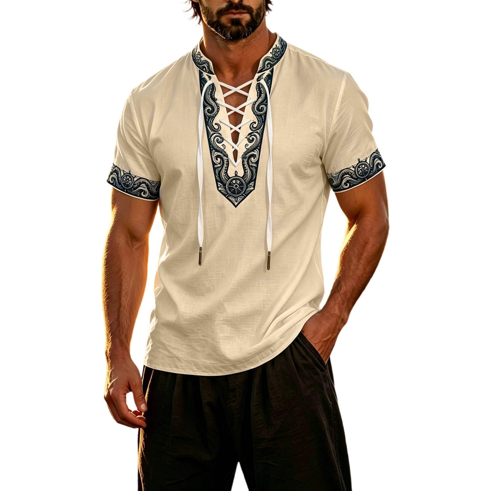 Summer Shirts for Men Short Sleeve Medieval Pirate Scottish Ghillie Shirt — image 1