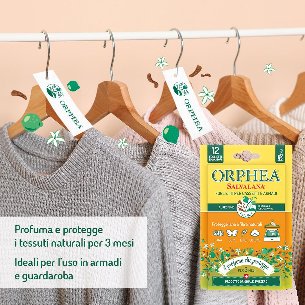Orphea Salvalana, Foglietti per Cassetti e Armadi, Protegge Lana e Vestiti Tutta la Stagione, Profumo di sandalo e bergamotto, agisce per 12 settimane - 15 Foglietti Emanatori