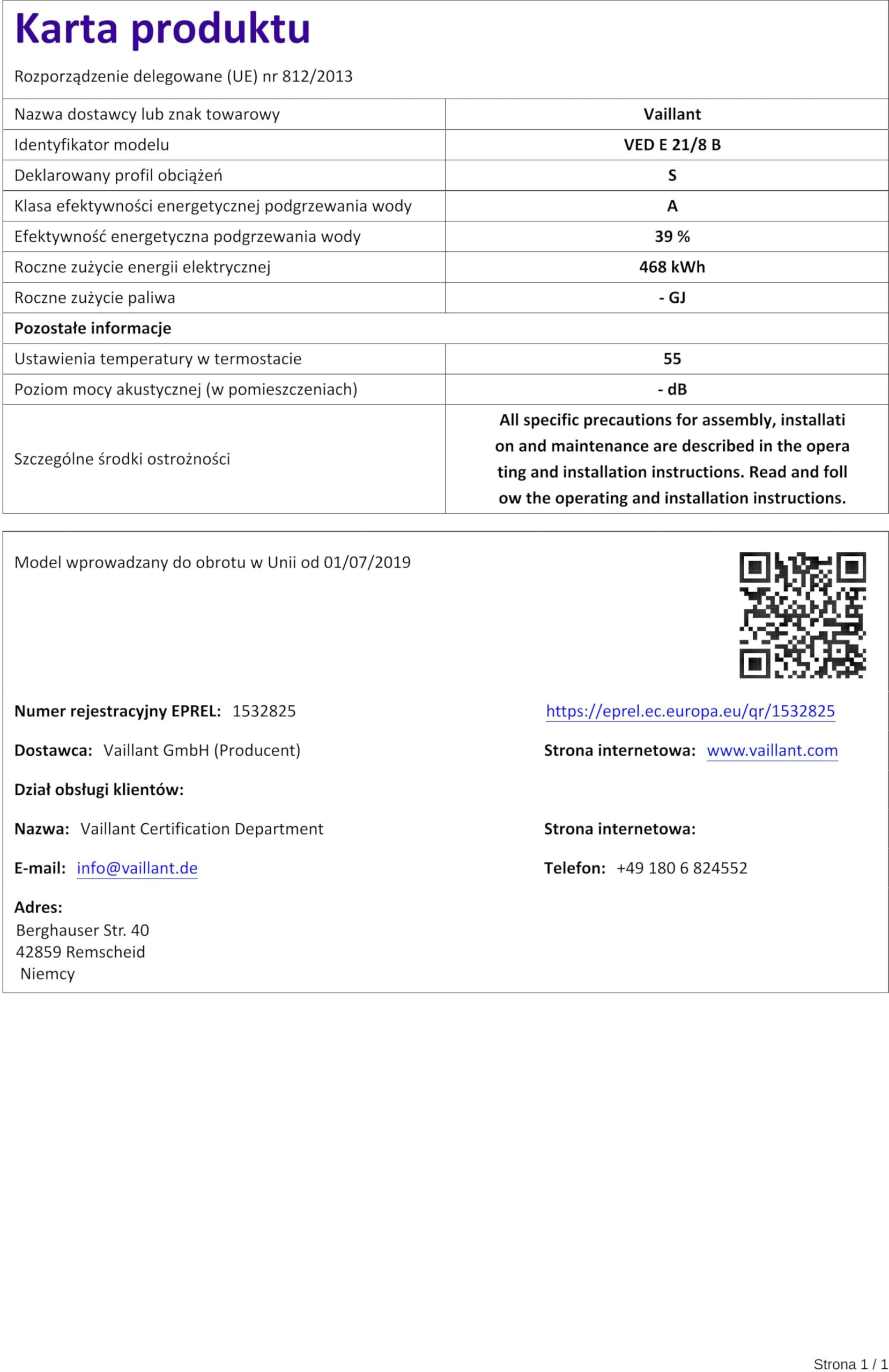 Vaillant elektronischer Durchlauferhitzer, VED pro 21/8, druckfest, 21kW, 400V, Wasserleistung von 8 l/min, drei einstellbare Fixtemperaturen (35°C/45°C/55°C), 0010023794