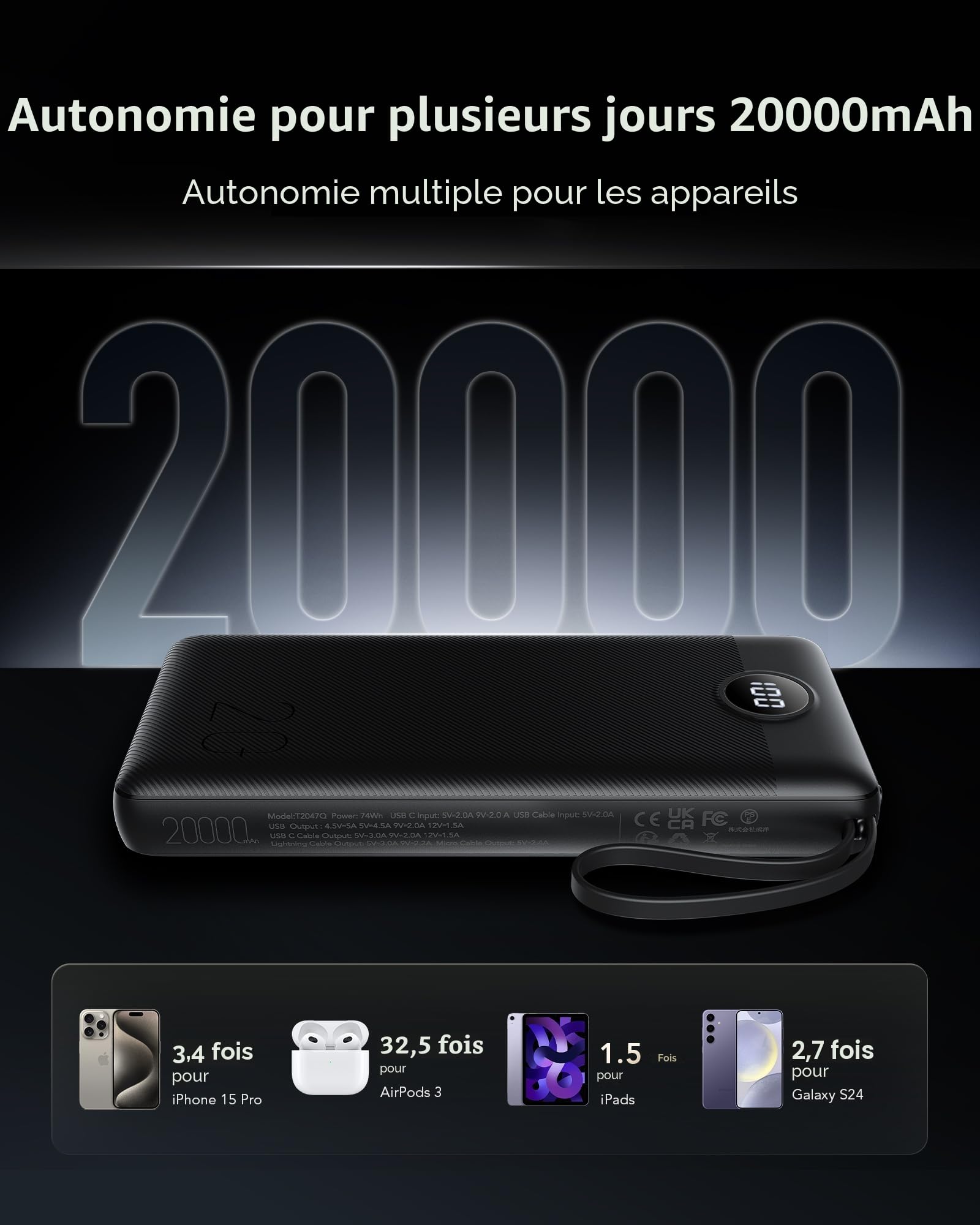 VRURC Batterie Externe 20000mAh QC 22.5W Power Bank Cable intégré, USB C Charge Rapide LED Chargeur Portable avec 4 Sorties et pour iPhone13/12/11/X/8, Samsung Huawei Xiaomi Tablet