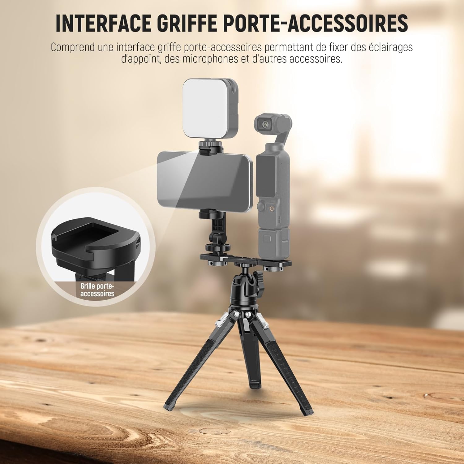 NEEWER Support de Téléphone Compatible avec DJI Osmo Pocket 4 & Pocket 3, Accessoire d'Extension,Filetage 1/4" pour Trépied/Tige d'Extension, Griffe Froide pour Mini Lampe Vidéo et Microphone, AC021