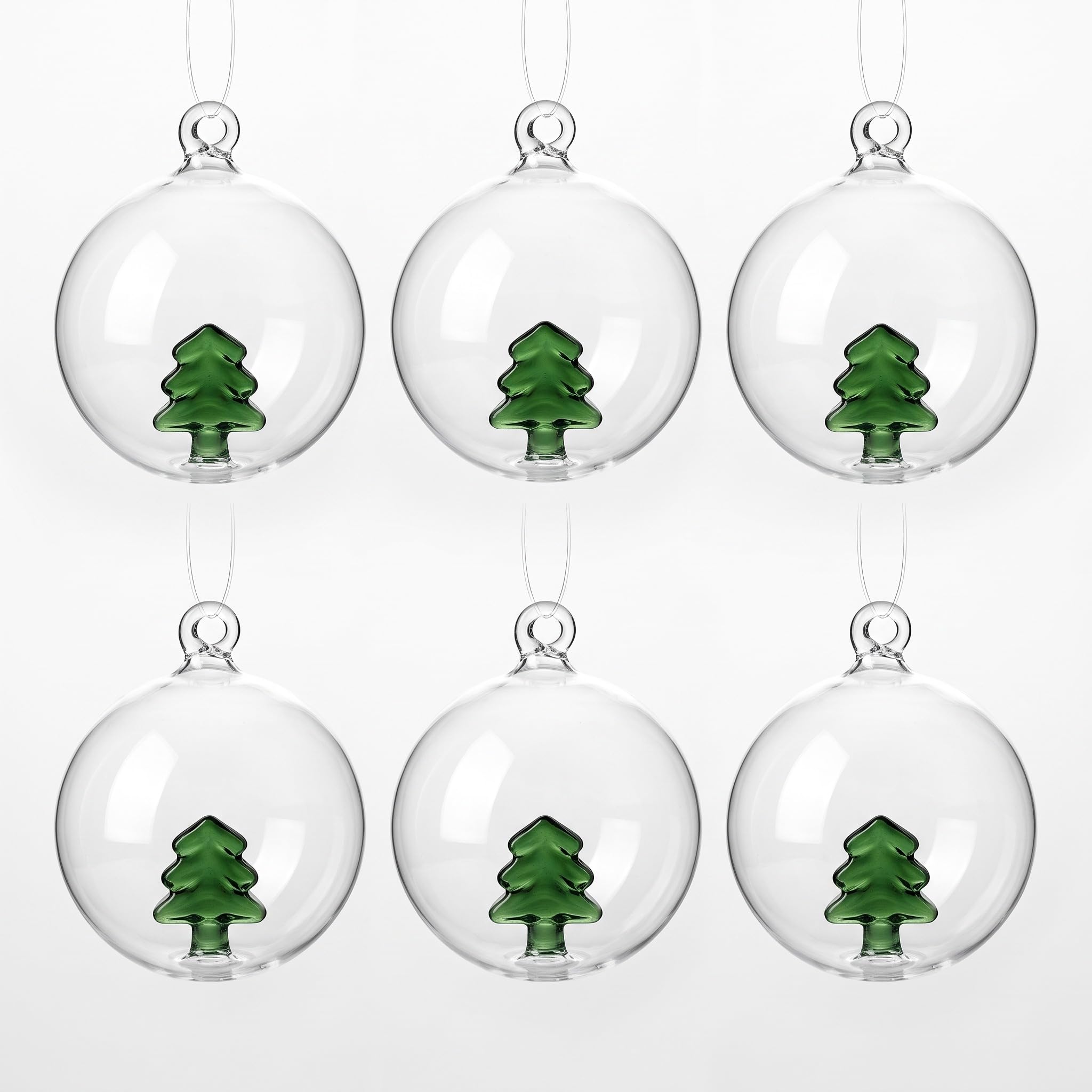 Tigeen 6 palline di vetro ornamentali di Natale, 8 cm, regalo di Natale | Decorazione trasparente per albero, icona 3D fatta a mano, nastro pronto da appendere, espositore per ghirlanda di alberi