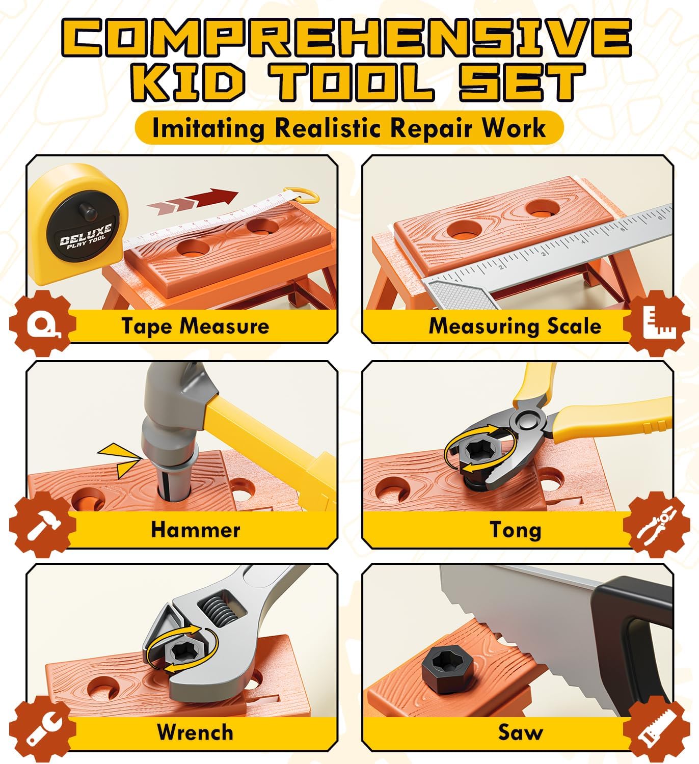Lehoo Castle Kids Tool Set with Electric Toy Drill and Tool Box, Construction Toys for 3 Year Old Boys Birthday Gift, Pretend Play Toddler Tools for 3-5 Years Old (Yellow)