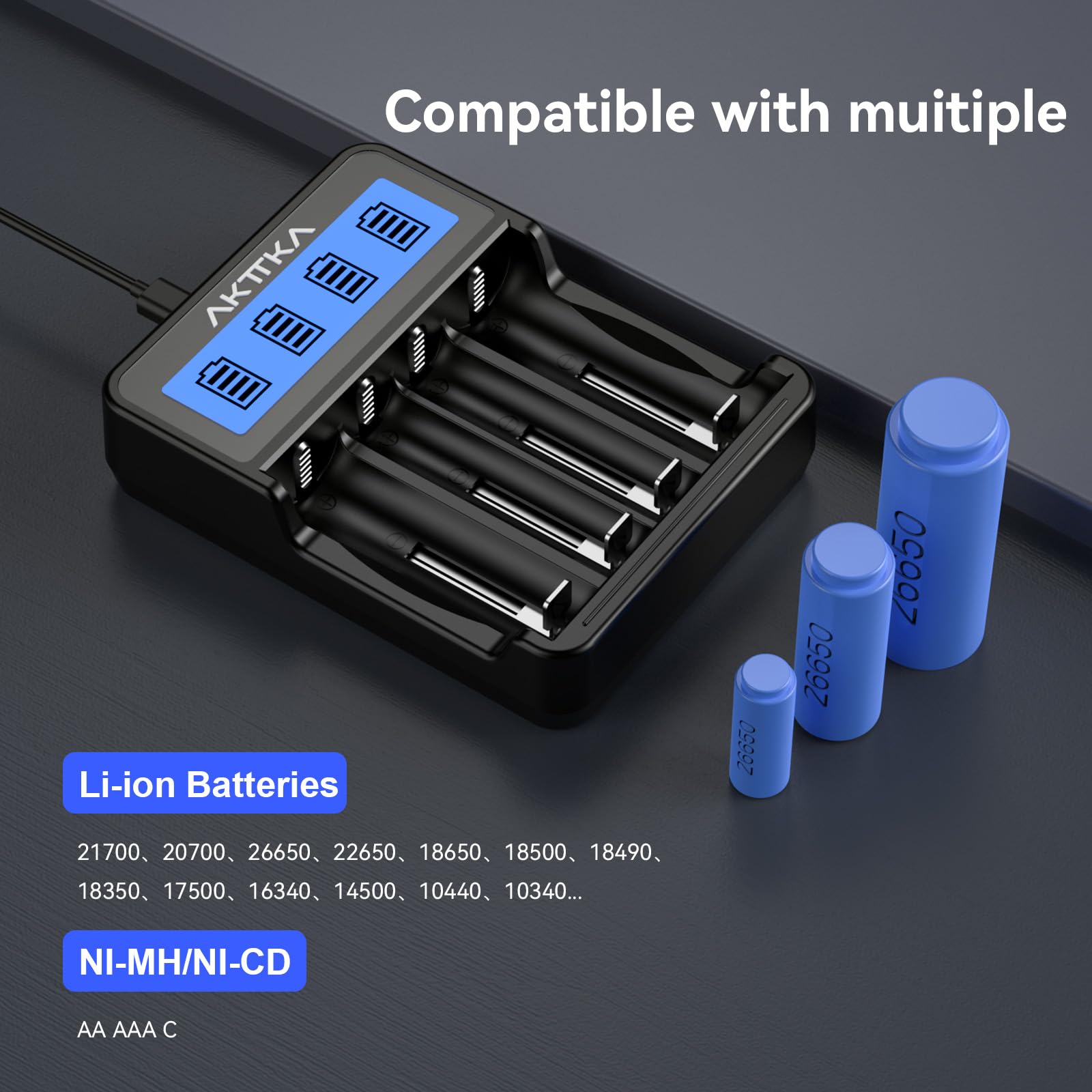 AKTTKA Cargador de Baterías 18650 Inteligente de 4 Bahías Indicador LCD Entrada Type-C/Micro-USB Compatible con Baterías Li-Ion de 3,7V (18650/21700) y Baterías NiMH de 1,2V (AA/AAA/C) Recargables — view 2