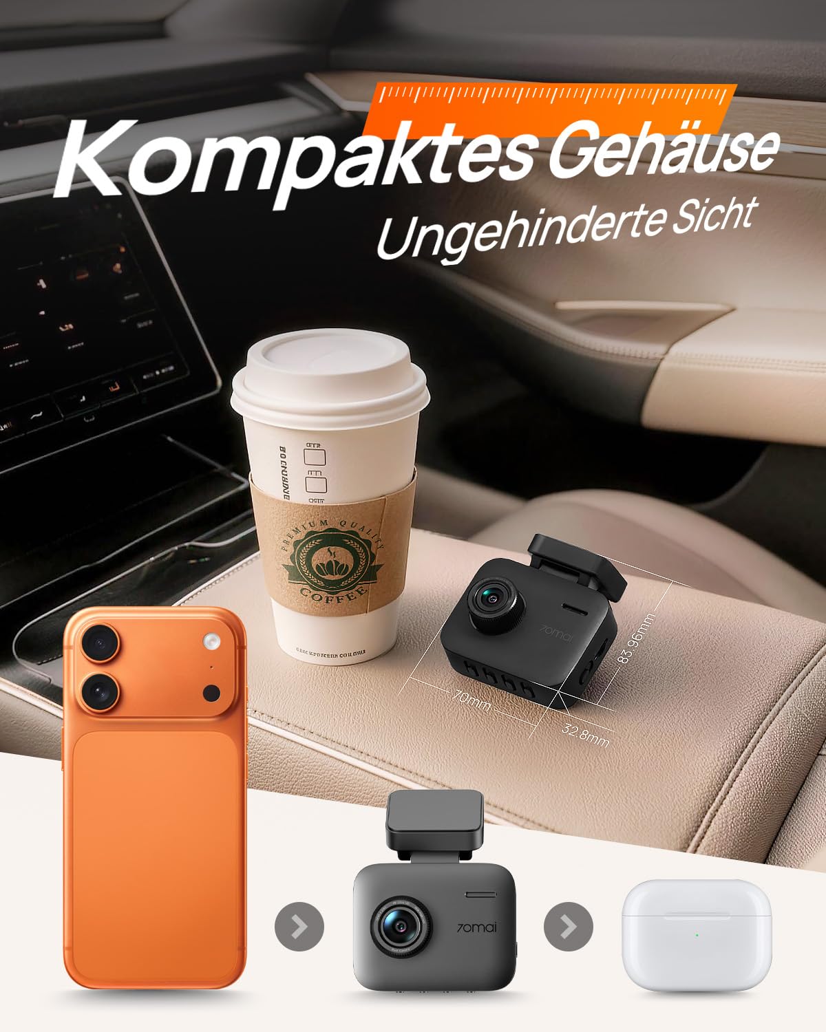 70mai Dashcam Auto Vorne A800 Nano, 4K Dashcam mit Smart HDR, APP & WiFi 6